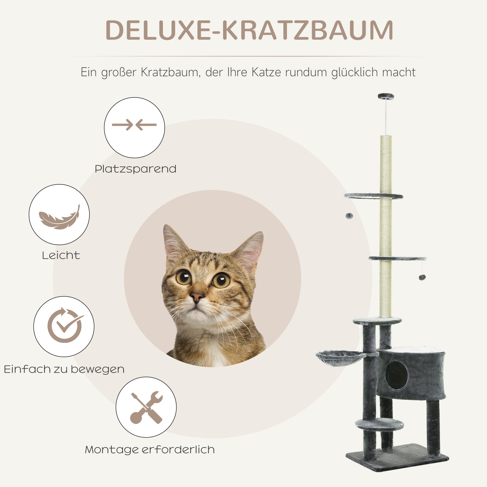 PawHut Kratzbaum deckenhoch Höhe 220-265 cm Katzenbaum mit Spielbälle, Katzenhöhle, Hängematte, Sisalstämme, Plattformen mehrstöckiger  Katzenkratzbaum Kletterbaum für mittelgroße Katzen, Dunkelgrau