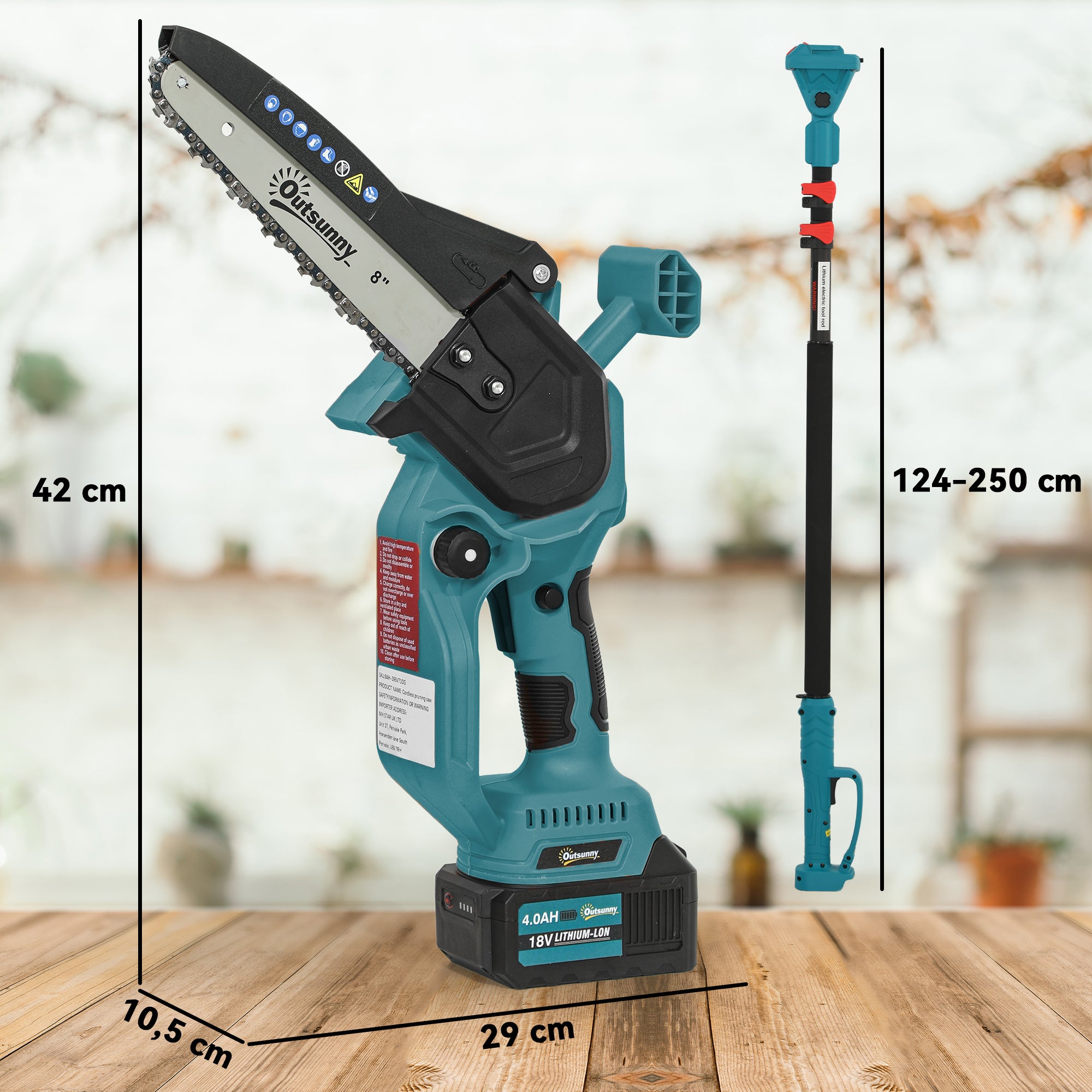 Outsunny 2-in-1 Mini Kettensäge 580W mit Akku 8000mAh Sicherheitsverriegelung 8 Zoll 42 x 29 x 10,5 cm Blau