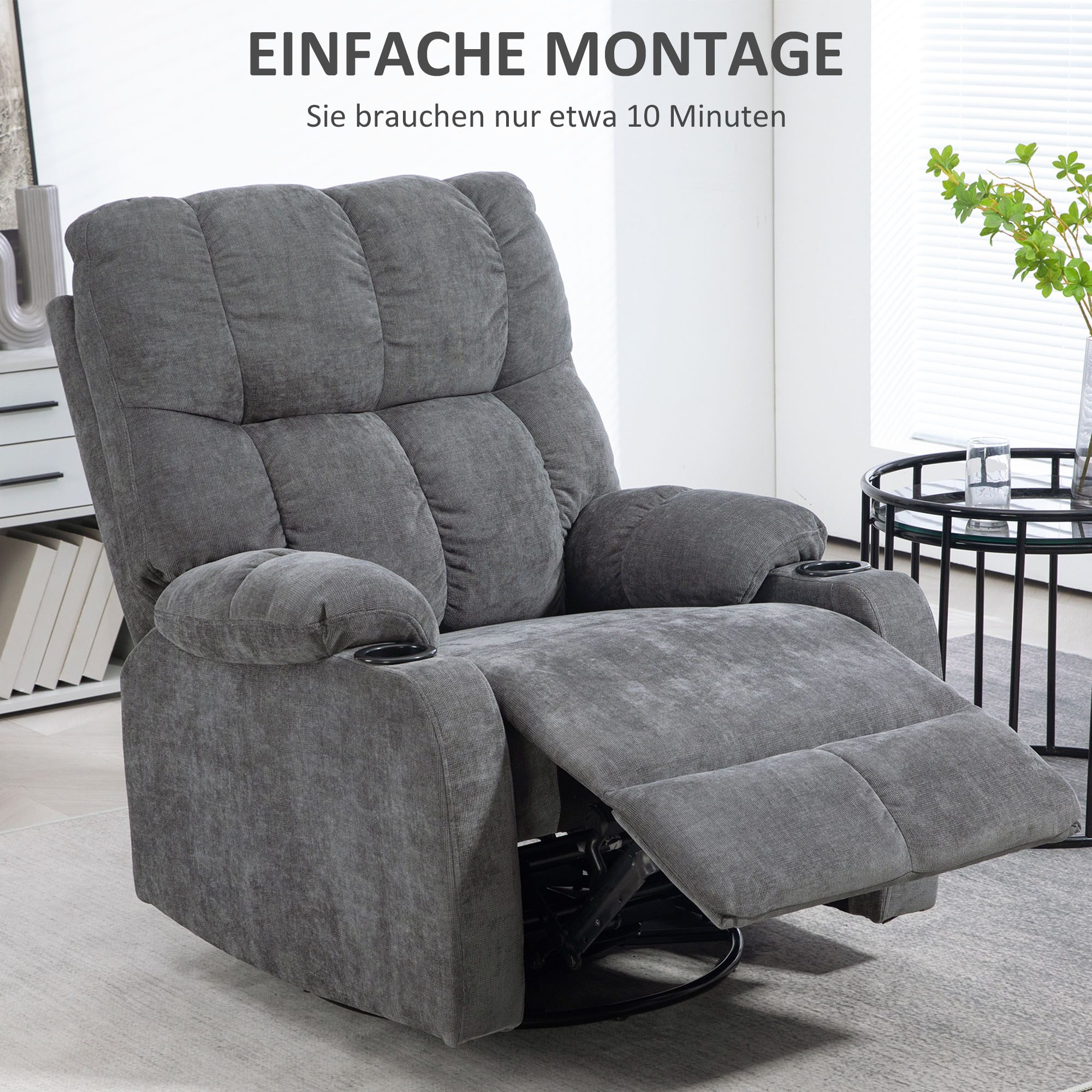 HOMCOM Relaxsessel mit Fußstütze, Liegesessel, drehbar, bis 150 kg, Stahlrahmen, 88x96x108cm, Dunkelgrau
