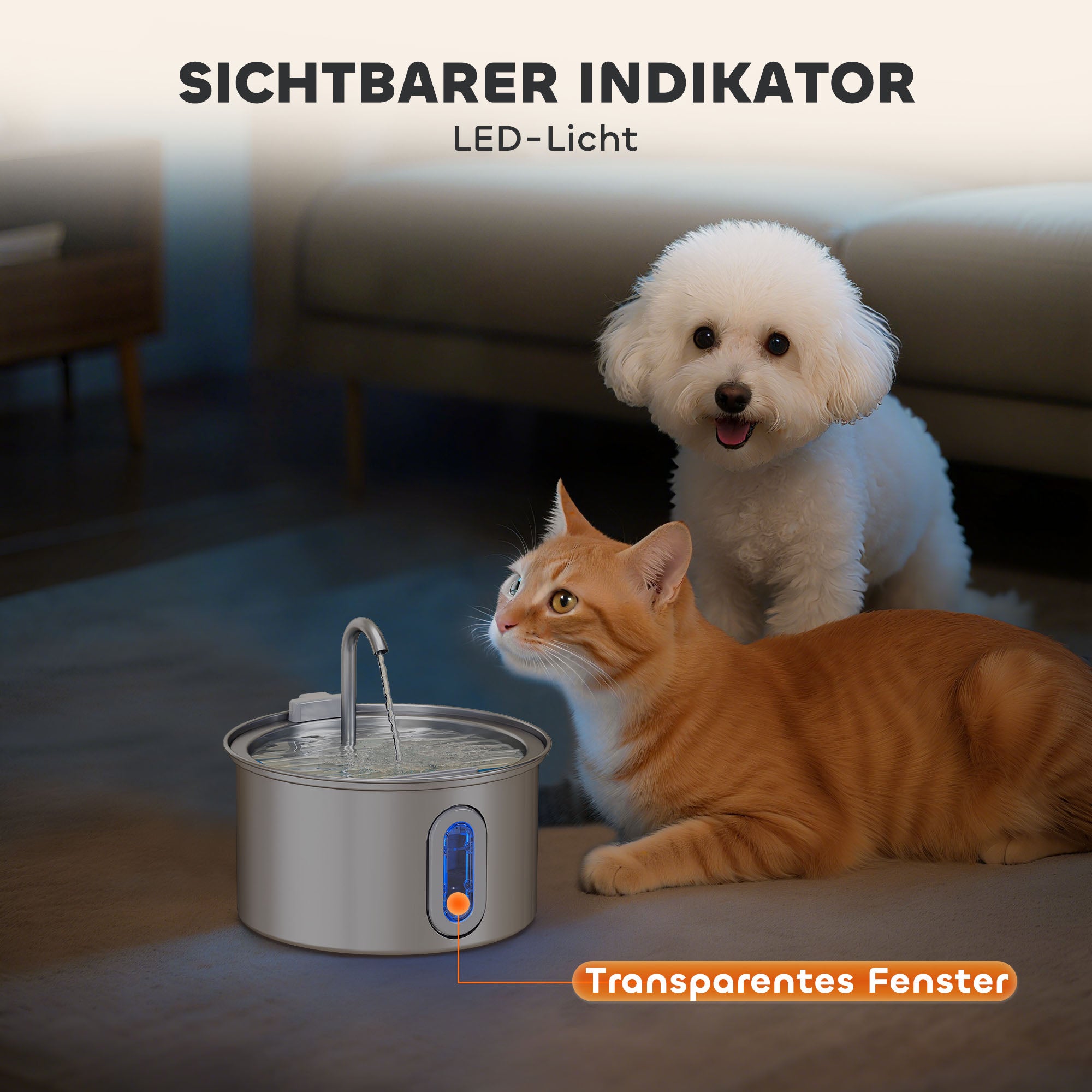 PawHut Katzenbrunnen 2,5L Trinkbrunnen für Katzen mit leiser Pumpe LED Aktivkohlefilter 19,4 x 19,4 x 18,7 cm