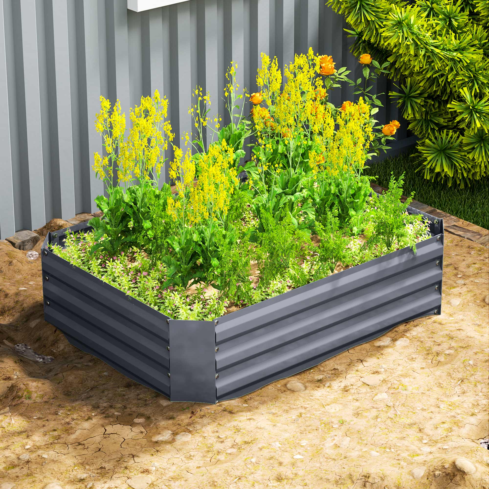 Outsunny Hochbeet aus verzinktem Stahl, Gartenbeet, Pflanzkasten für Garten, Blumenkasten, 120 x 90 x 30 cm, Dunkelgrau