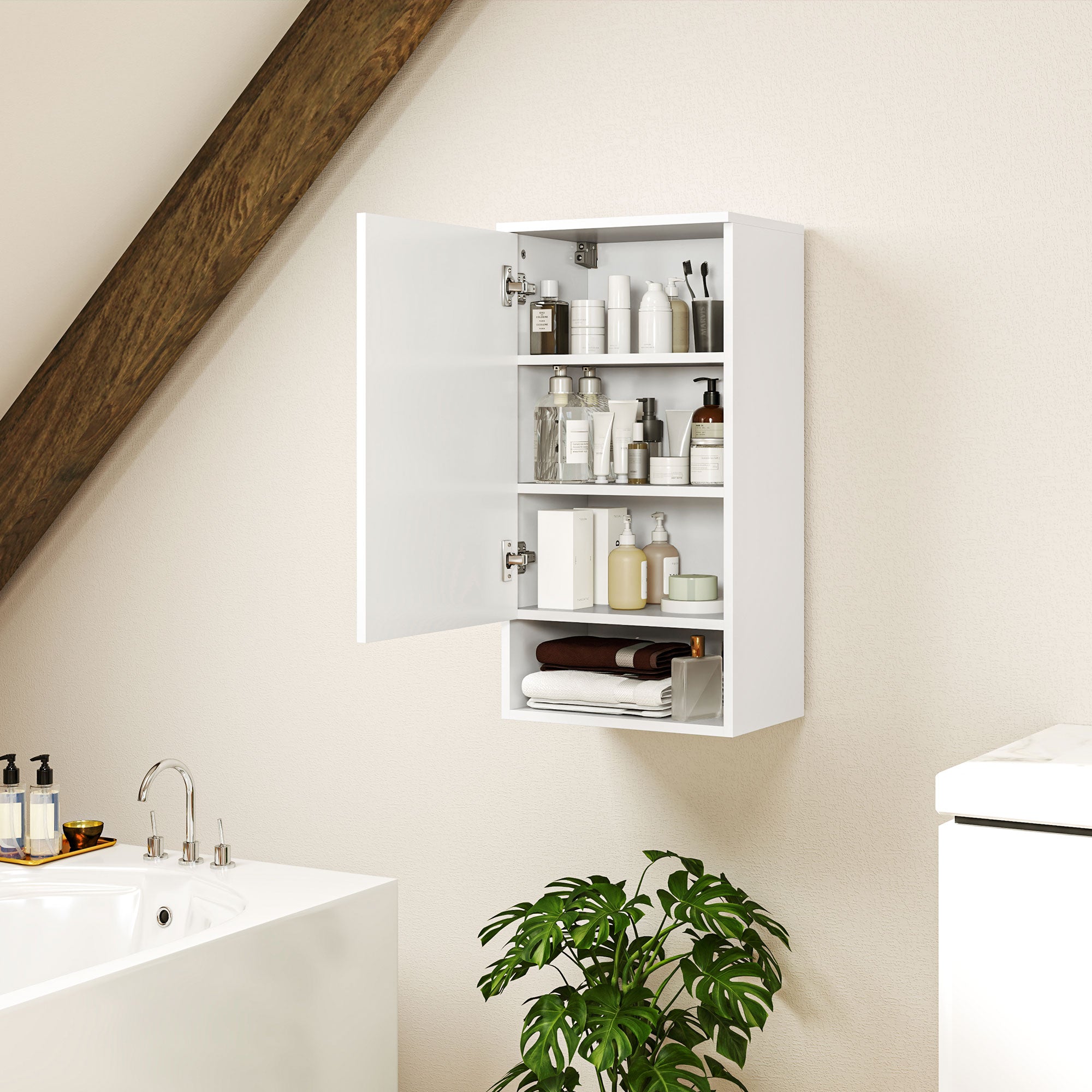 HOMCOM Wandmontierter Badezimmerschrank, Wandschrank für Badezimmer mit verstellbaren Ablagen, offenem Fach, Holz, Weiß