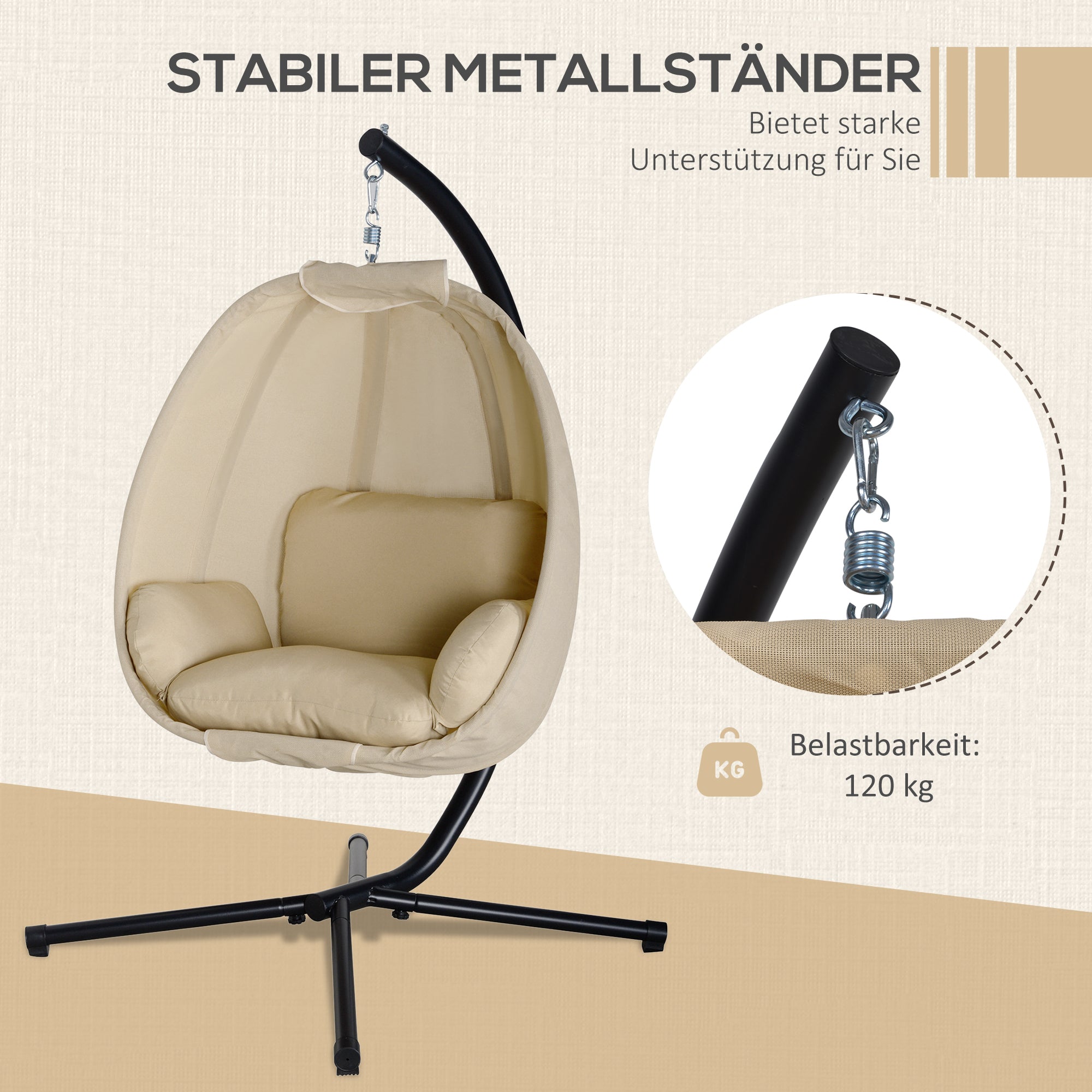 Outsunny Hängesessel, Eiförmiger Schaukelsitz mit weichem Kissen, für drinnen und draußen geeignet, 125L x 95B x 170H cm, Khaki