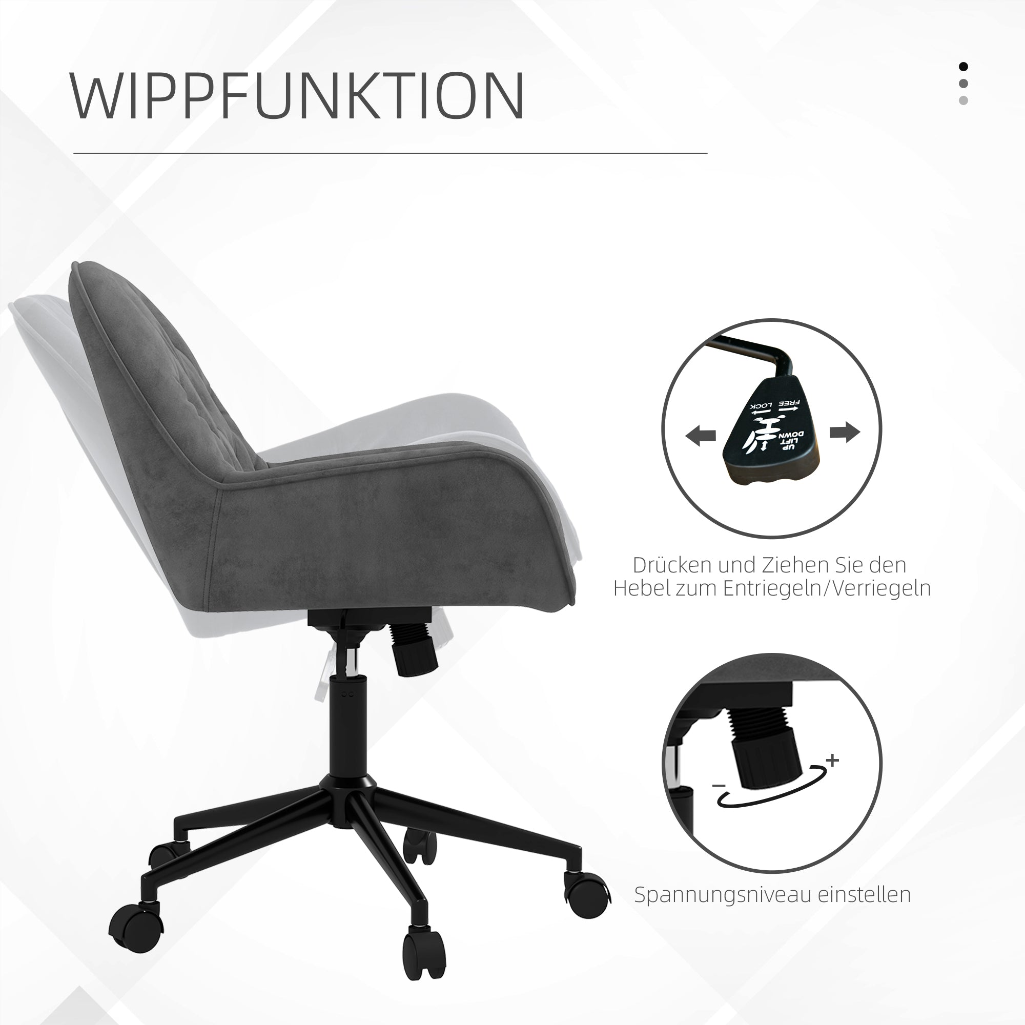 Vinsetto Bürostuhl Schreibtischstuhl Computerstuhl, höhenverstellbar, Samt-Optik, Grau