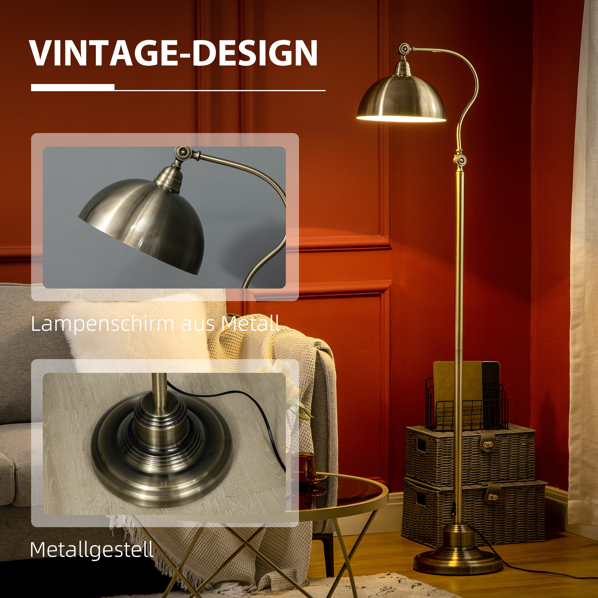 HOMCOM Stehleuchte im Vintage-Design, verstellbarer Winkel, Messing-Look, 42 cm x 25,5 cm x 152 cm, Bronze