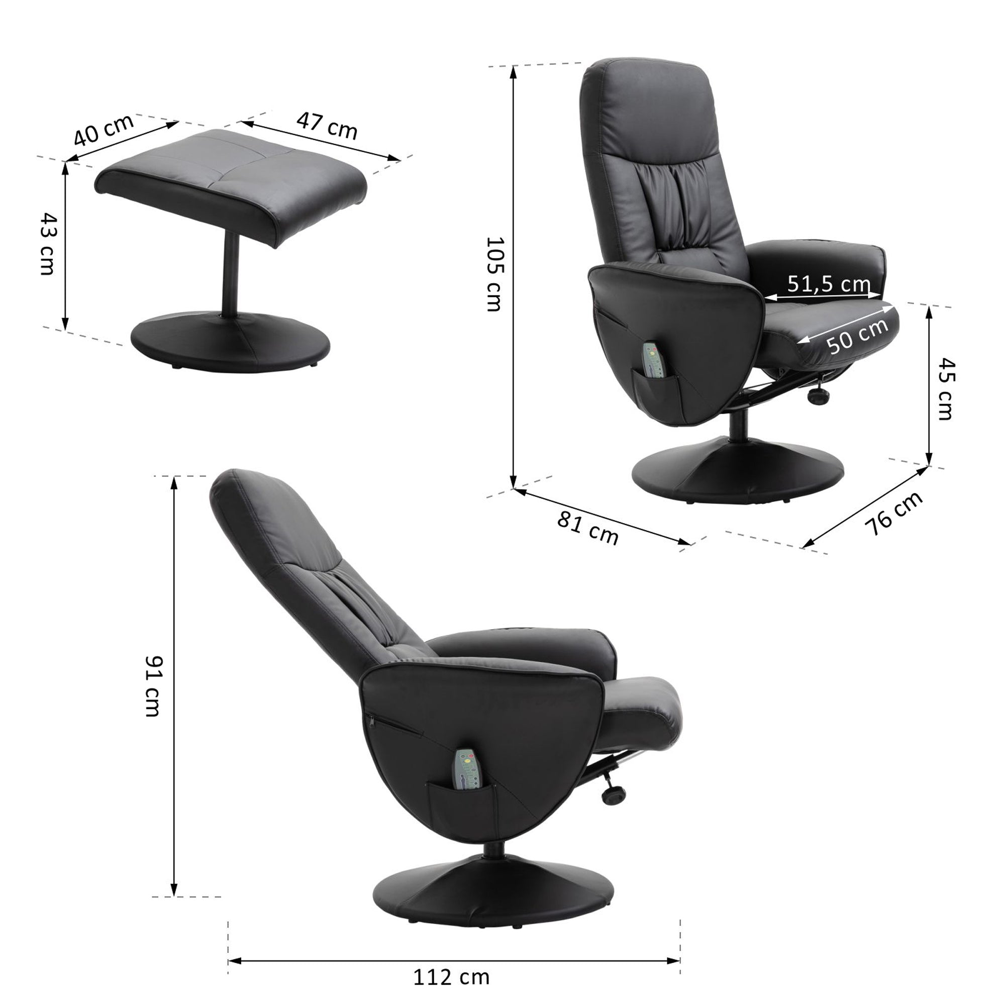 HOMCOM Relaxsessel mit Fußhocker, Elektrischer Massagesessel mit Liegefunktion, 10 Massagepunkte, Drehbarer Fernsehsessel mit Seitentasche, Fernbedienung, Kunstleder, Schwarz