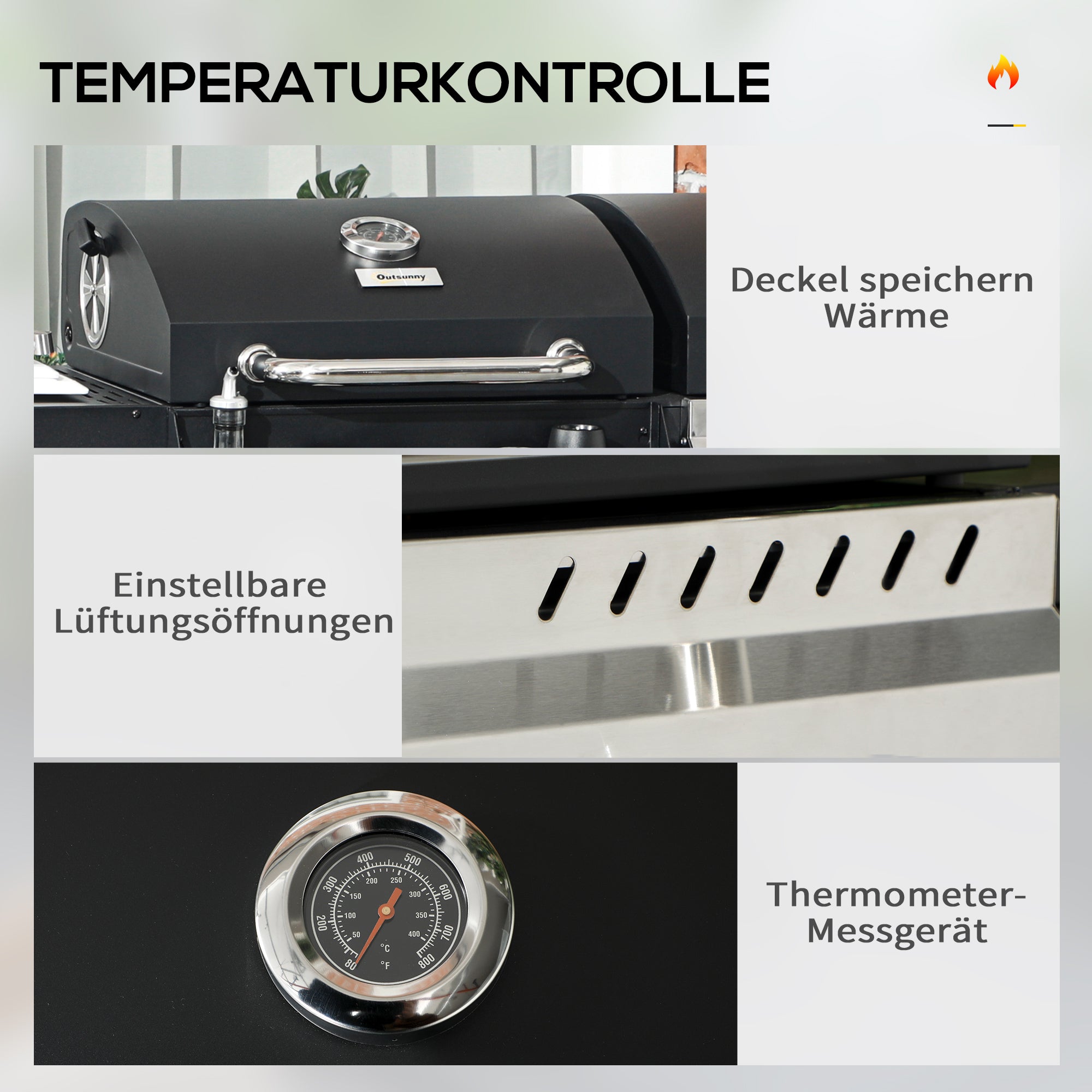 Outsunny Gasgrill BBQ-Grill, inkl. Thermometer, Warmhalteplatten, 161 x 53 x 101 cm, Schwarz + Silber