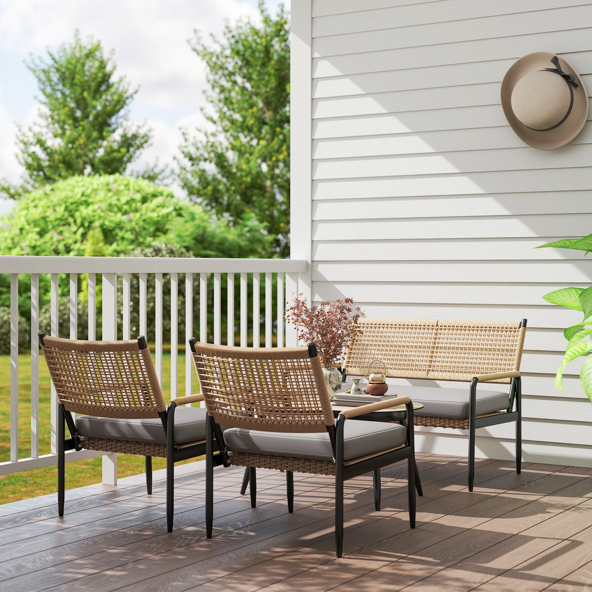 Outsunny Gartenmöbel Set aus Polyrattan Lounge-Set mit 2er Sofa Sessel Glastisch Kissen für 4 Personen Dunkelgrau+Gelb