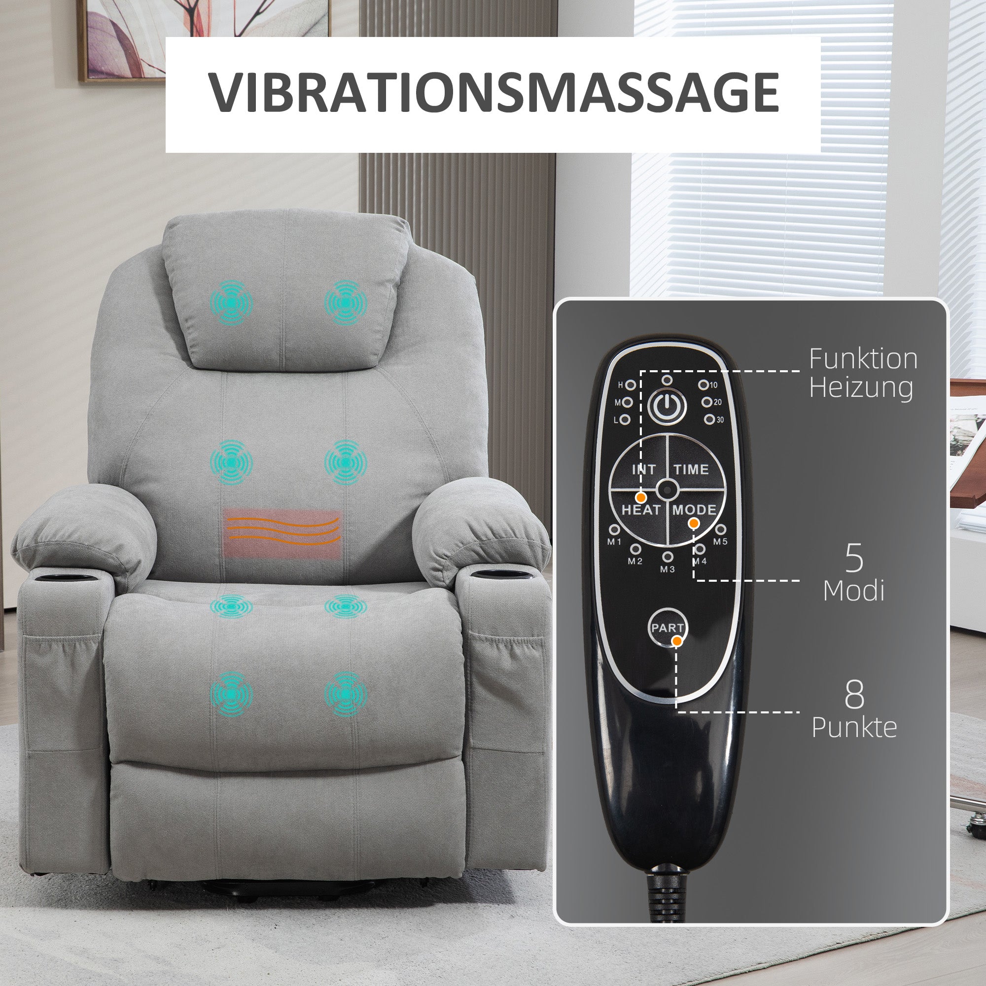 HOMCOM Massagesessel Aufstehhilfe Seniorensessel, 8 Vibrationspunkte, 2 Seitentaschen, Getränkehalter, 90 x 101 x 107 cm, Grau