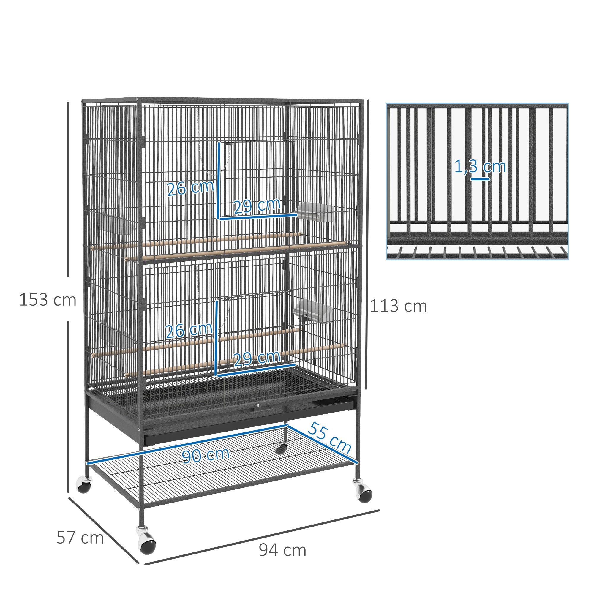 PawHut Vogelkäfig inklusive Sitzstangen, Vogelspielzeug, herausnehmbare Bodenwanne, 1 Ablage, Grau
