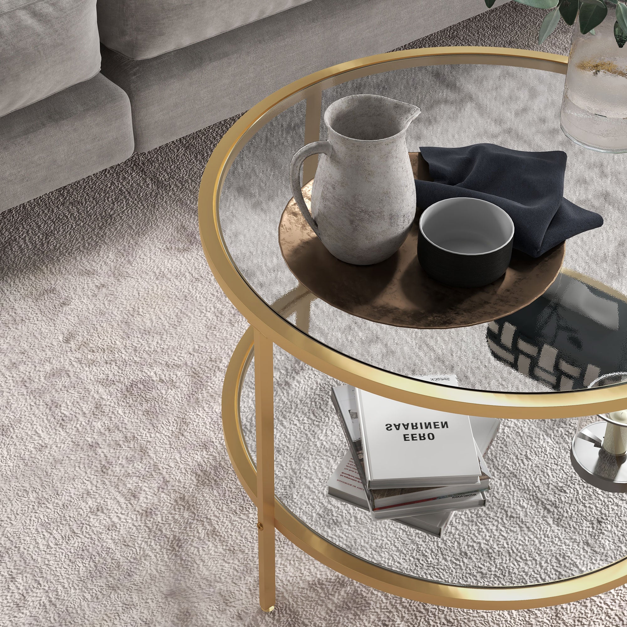 HOMCOM Beistelltisch, modernes Design, 2 Etagen, Ø60x43H cm, Goldton