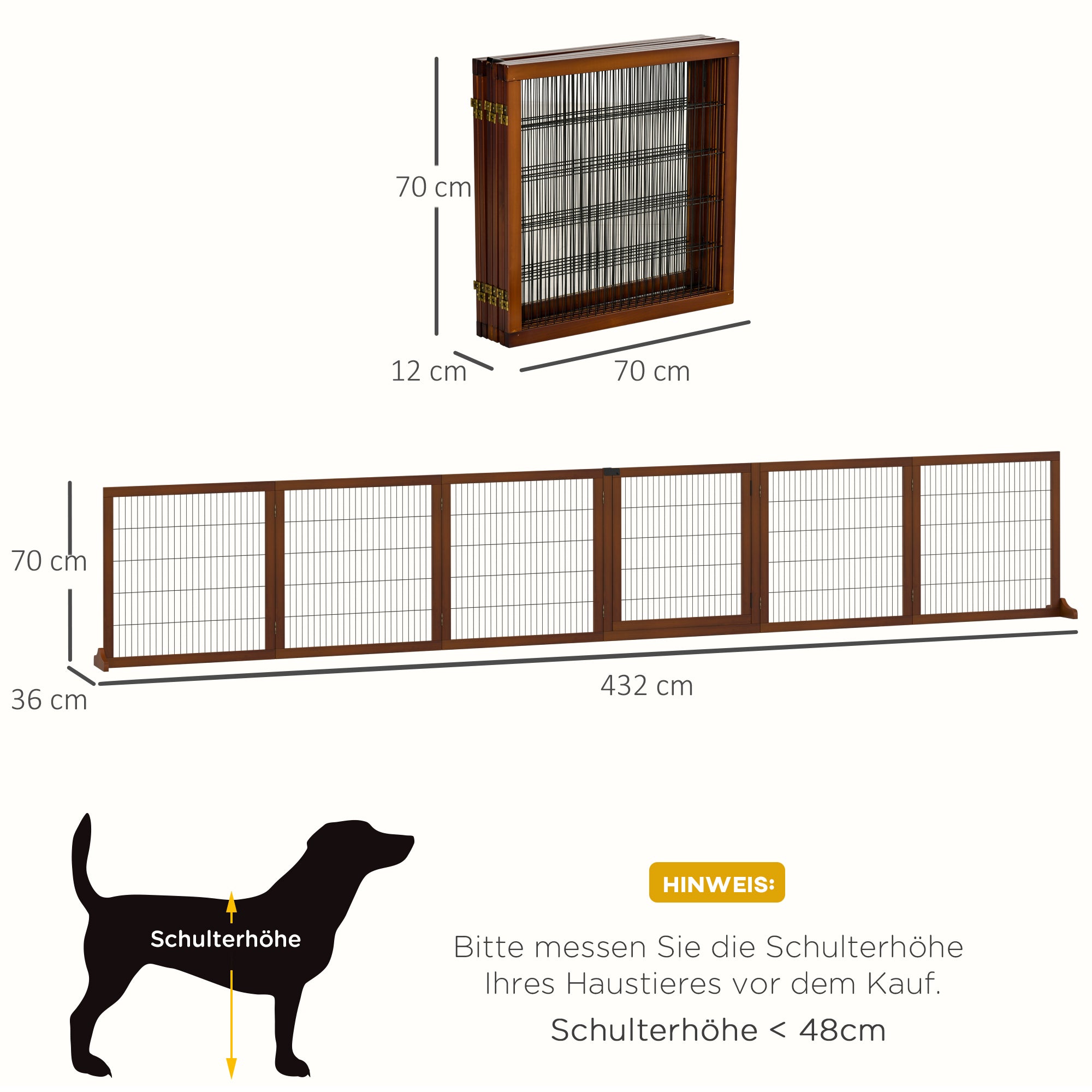 PawHut Absperrgitter für Hunde, klappbar, Kiefernholz, 432 x 36 x 70 cm, Kaffee
