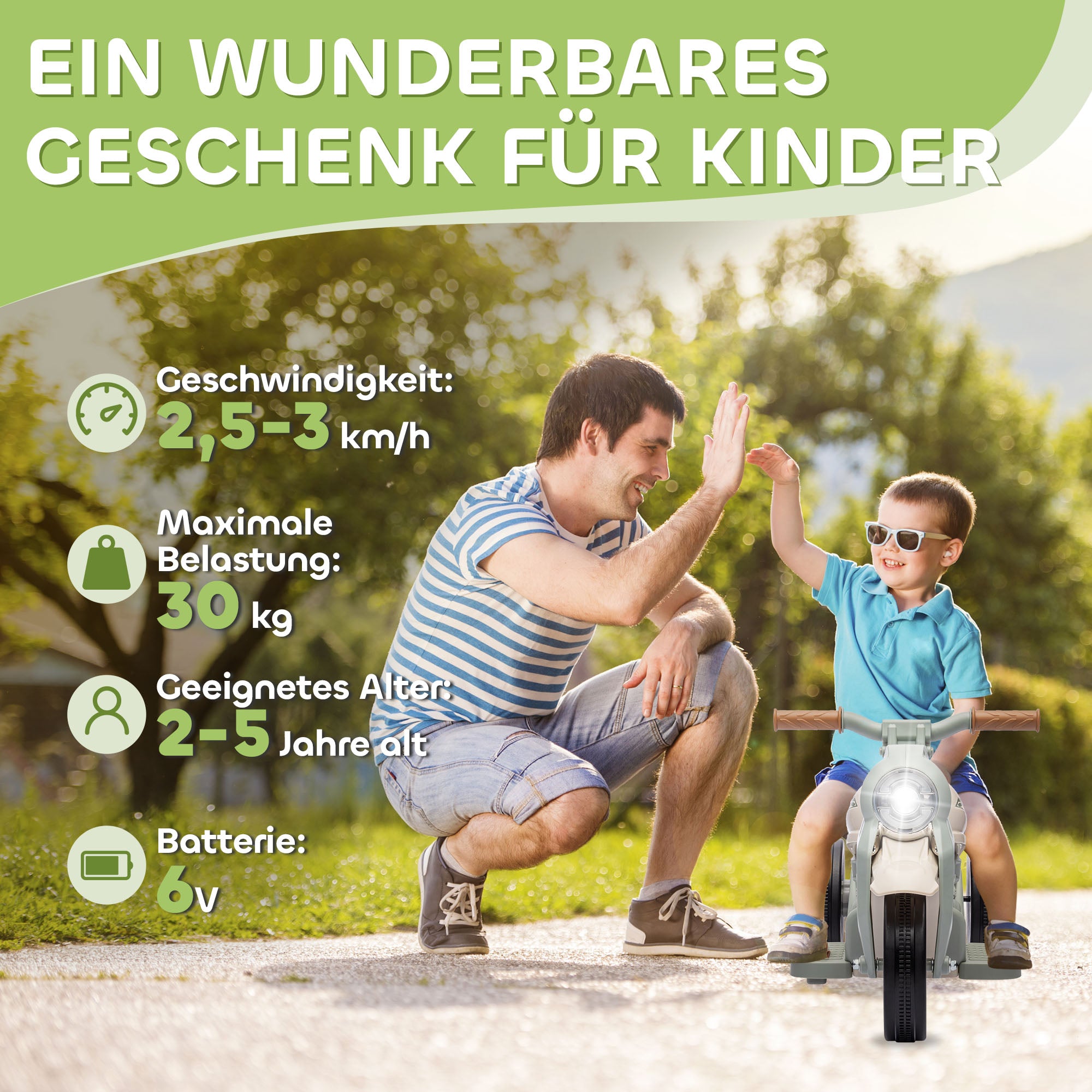 AIYAPLAY Kinder Elektro-Motorrad, 6V Kindermotorrad mit Musik, Blasen 2,5-3 km/h, für 2-5 Jahre Kinder