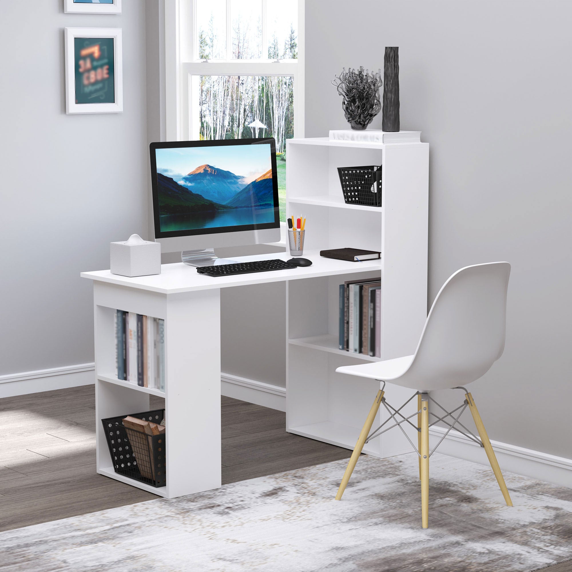 HOMCOM Schreibtisch Bürotisch Computertisch, 2 Regale, 5 Regalböden, 120 cm x 55 cm x 120 cm, Weiß
