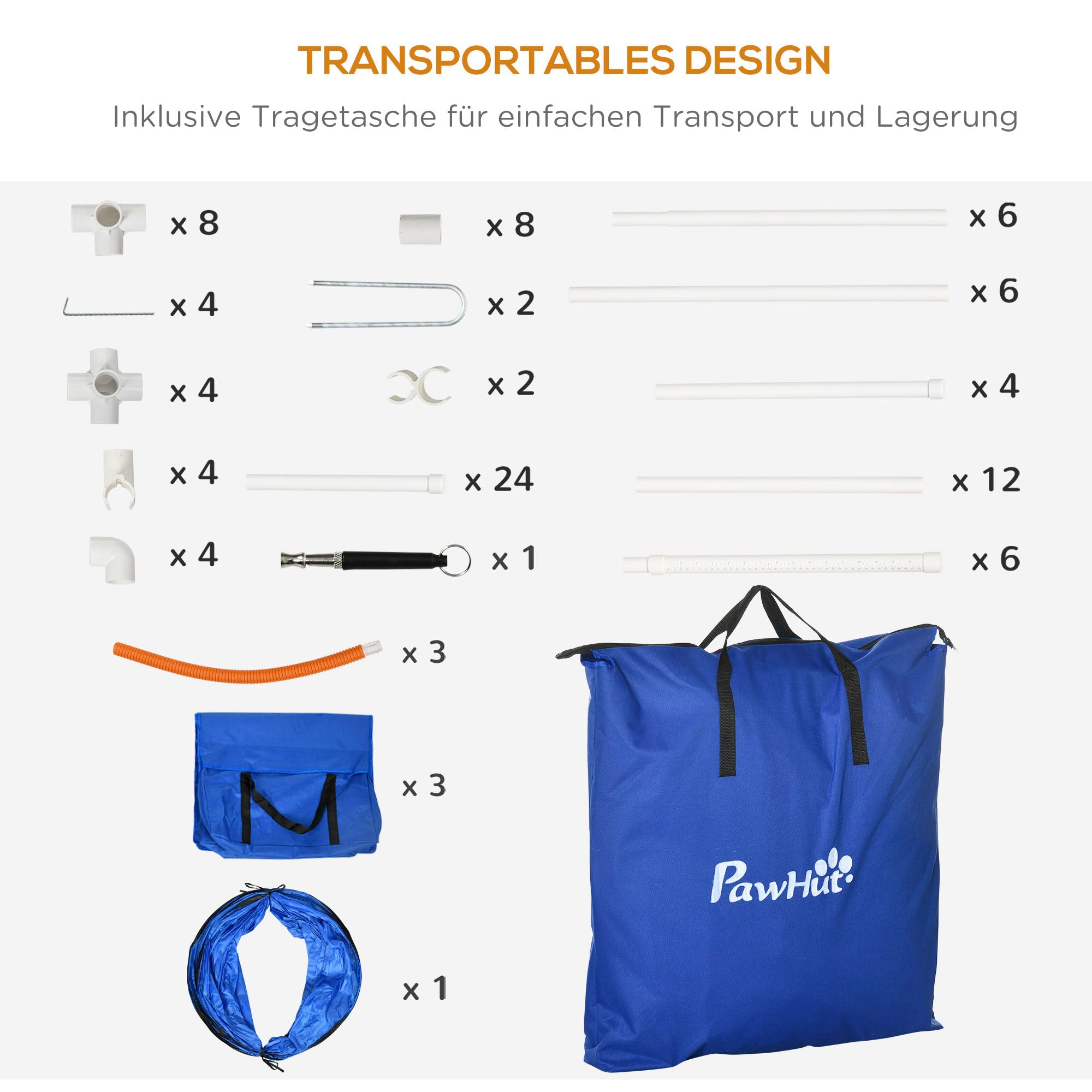 PawHut Hunde-Agiliy-Set Hundeparcours, 1 Reifen,  2 Tunnel 2 Hürden, 321 cm x 63c m x 93 cm, Blau + Rot+ Weiß