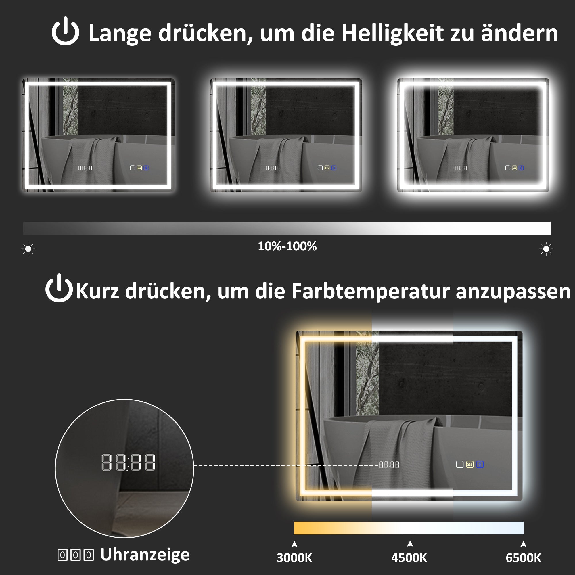 HOMCOM Badezimmerspiegel mit LED-Beleuchtung, Anti-Beschlags-Pad, 3 verstellbare Farben, Uhr, 600 x 800 mm, Silberfarben