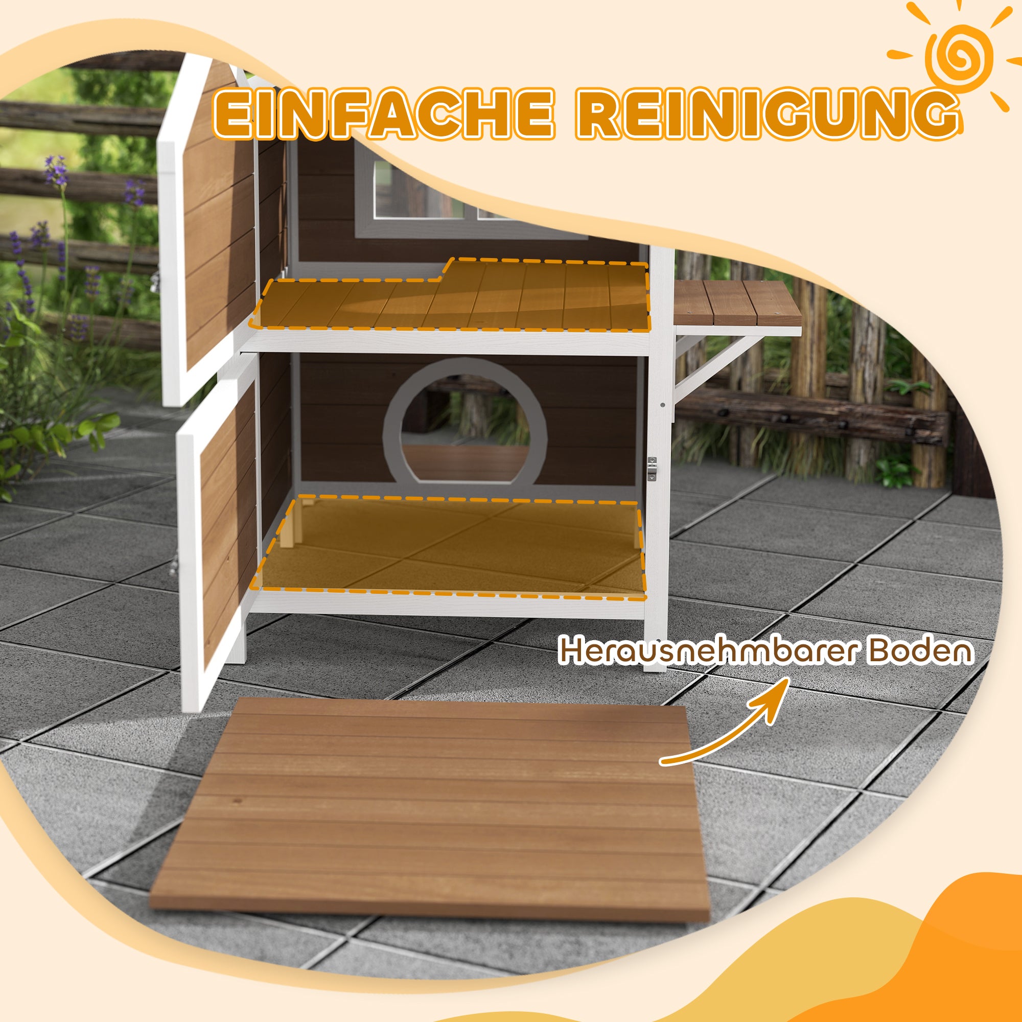 PawHut Outdoor-Katzenhaus mit wetterfestem Dach, Fenster, Balkon, herausnehmbarem Boden, 2 Ebenen, für 1-2 Katzen, Braun