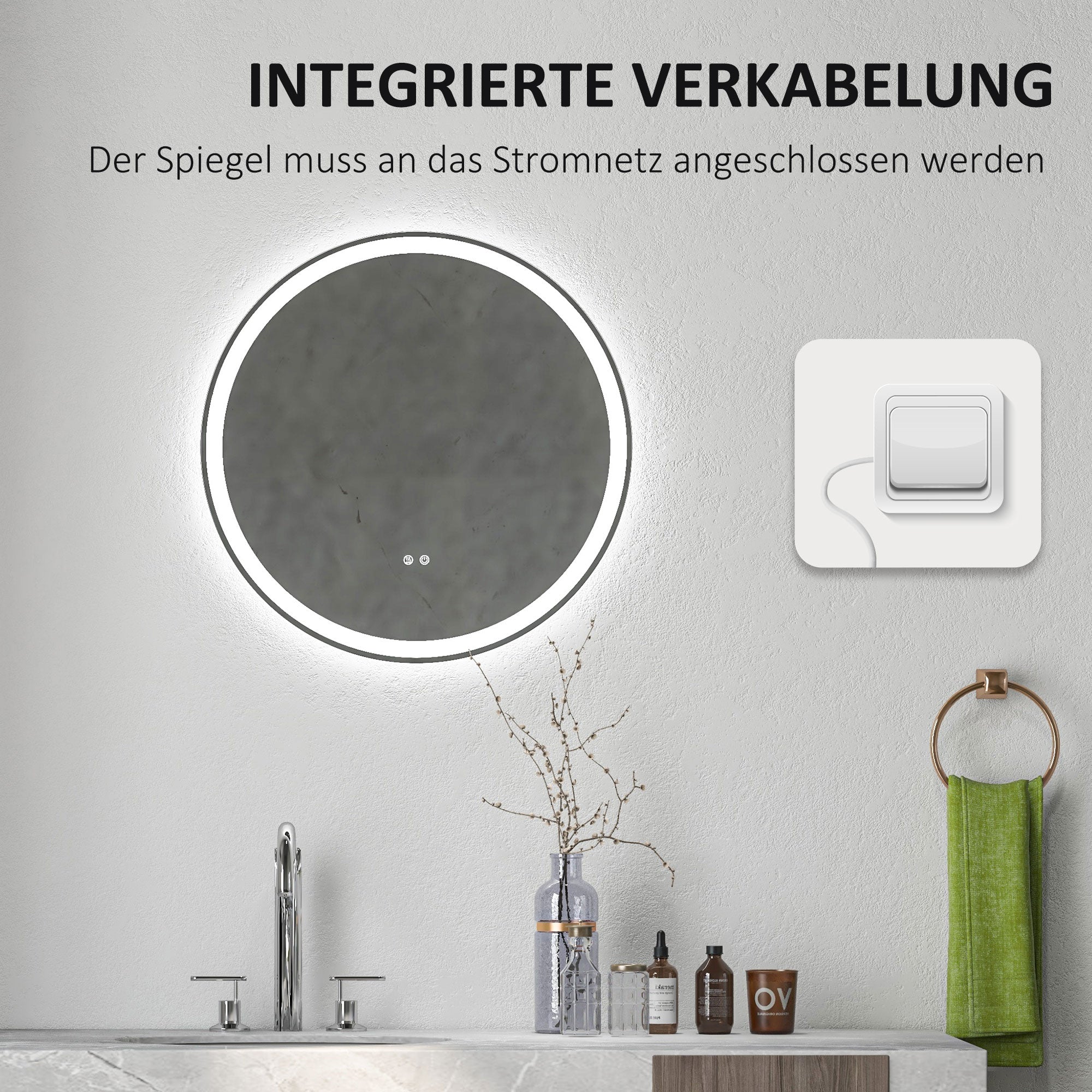 kleankin Badezimmerspiegel Badspiegel Runder Spiegel, LED- Licht, Touch-Funktion, kein Beschlagen, 60 x 60 cm