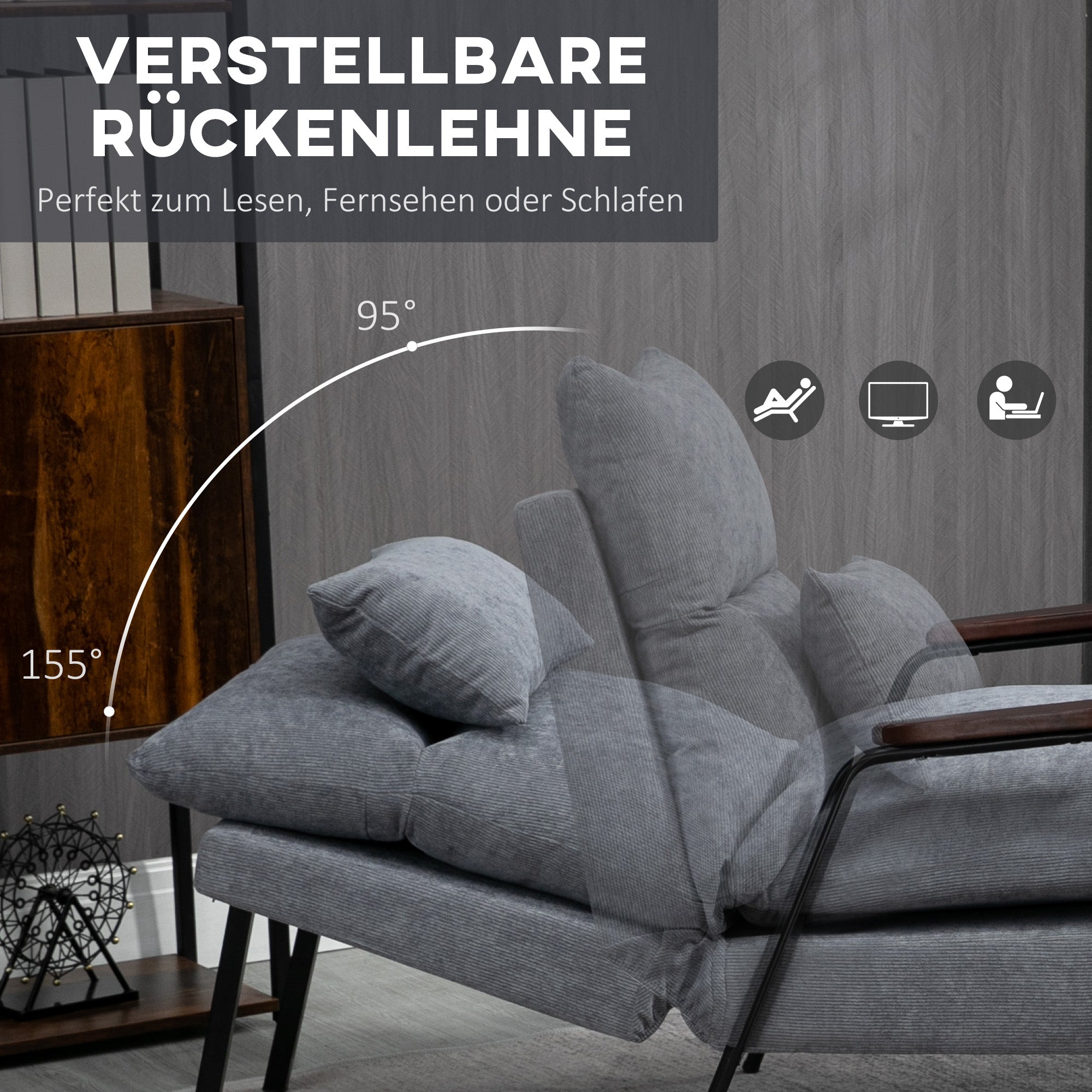 HOMCOM Sessel mit Ottomane Polstersessel Relaxsessel, inkl. Kissen, 68 cm x 91,5 cm x 88 cm, Hellgrau