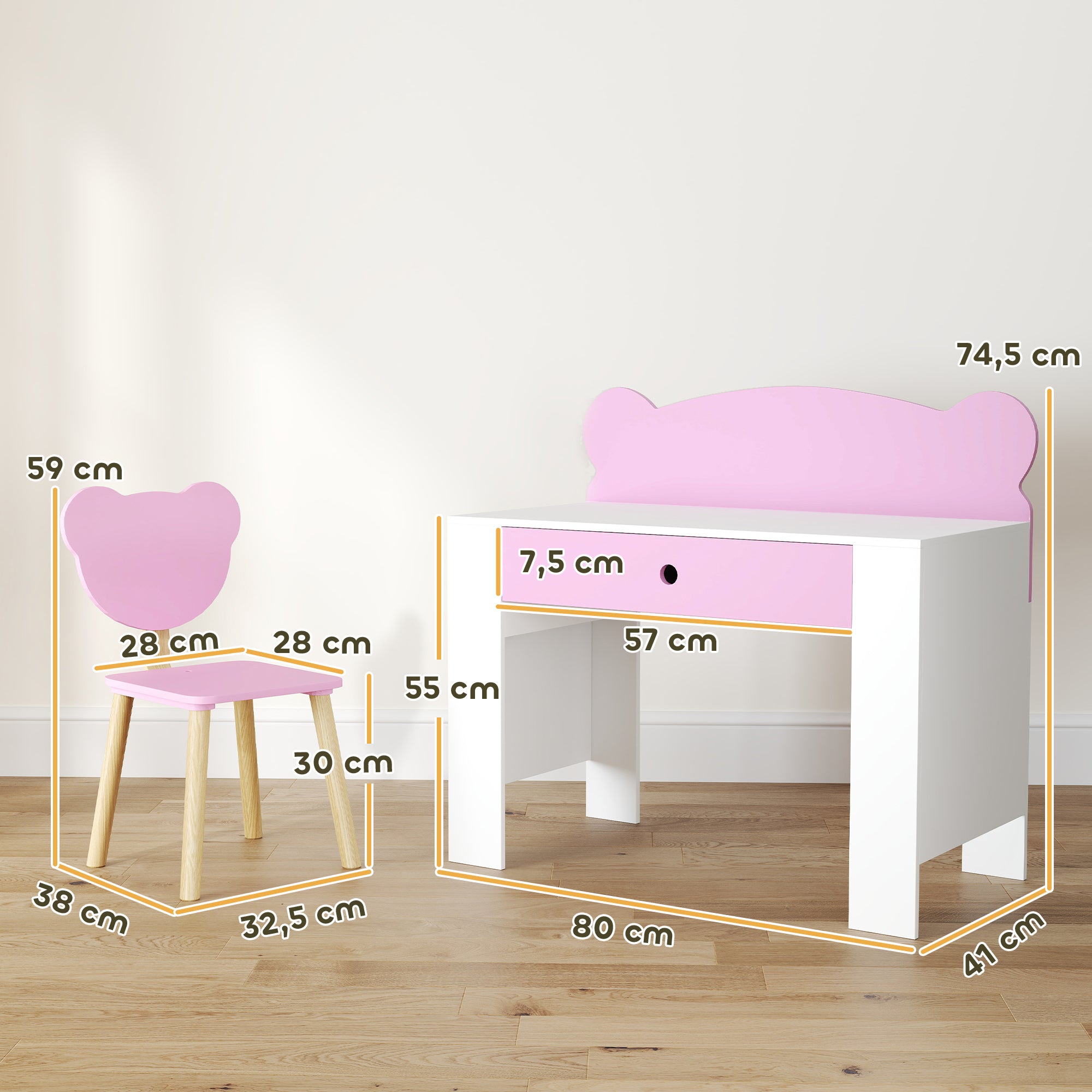 AIYAPLAY Schreibtisch-Set für Kinder, Arbeitstisch und Stuhl mit Bärenform, Schublade, zum Schreiben und Basteln, 3-8 Jahre, Rosa