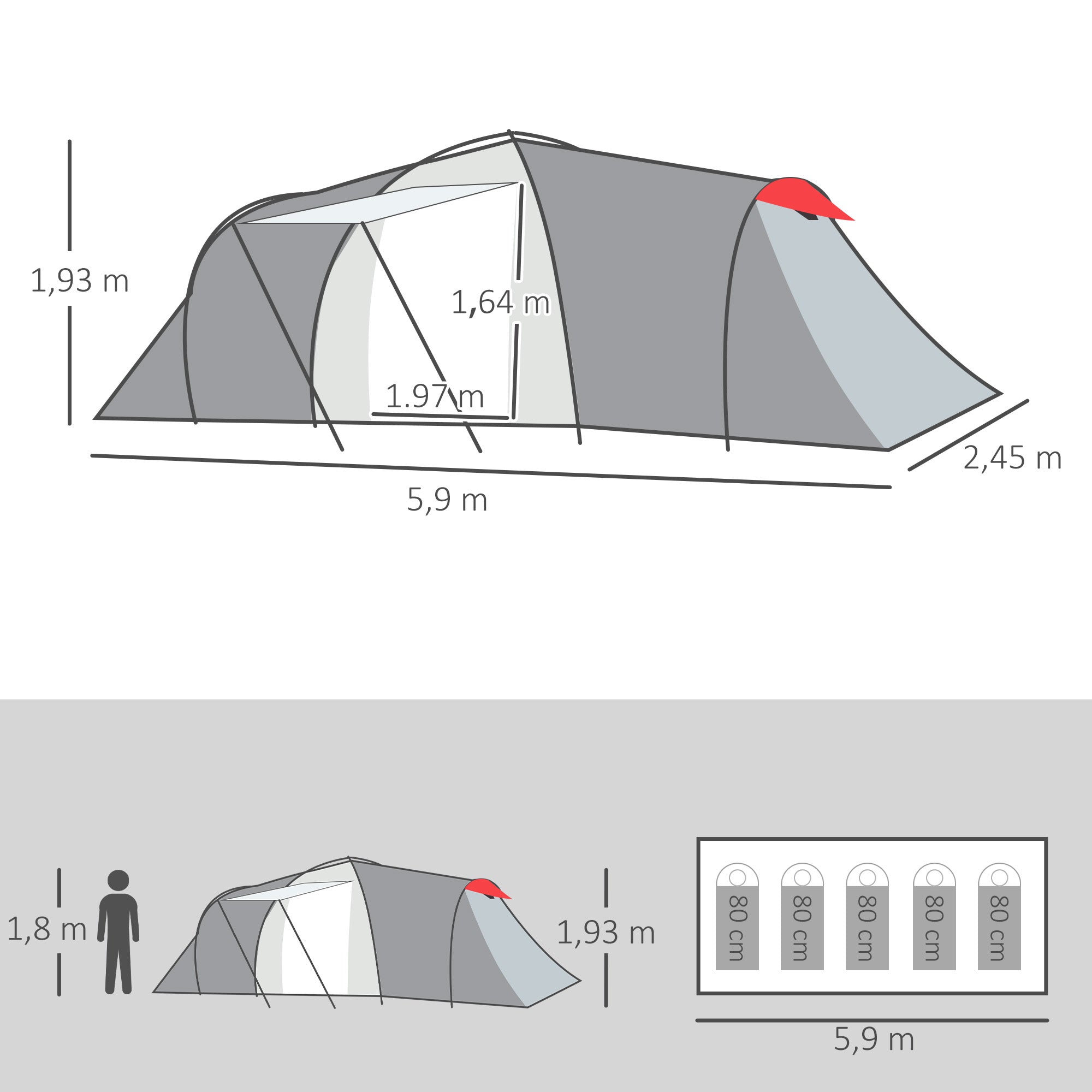Outsunny Campingzelt, für 4 Personen, Vordach, 2 Schlafzimmer, Fenster, Zubehör, Grau