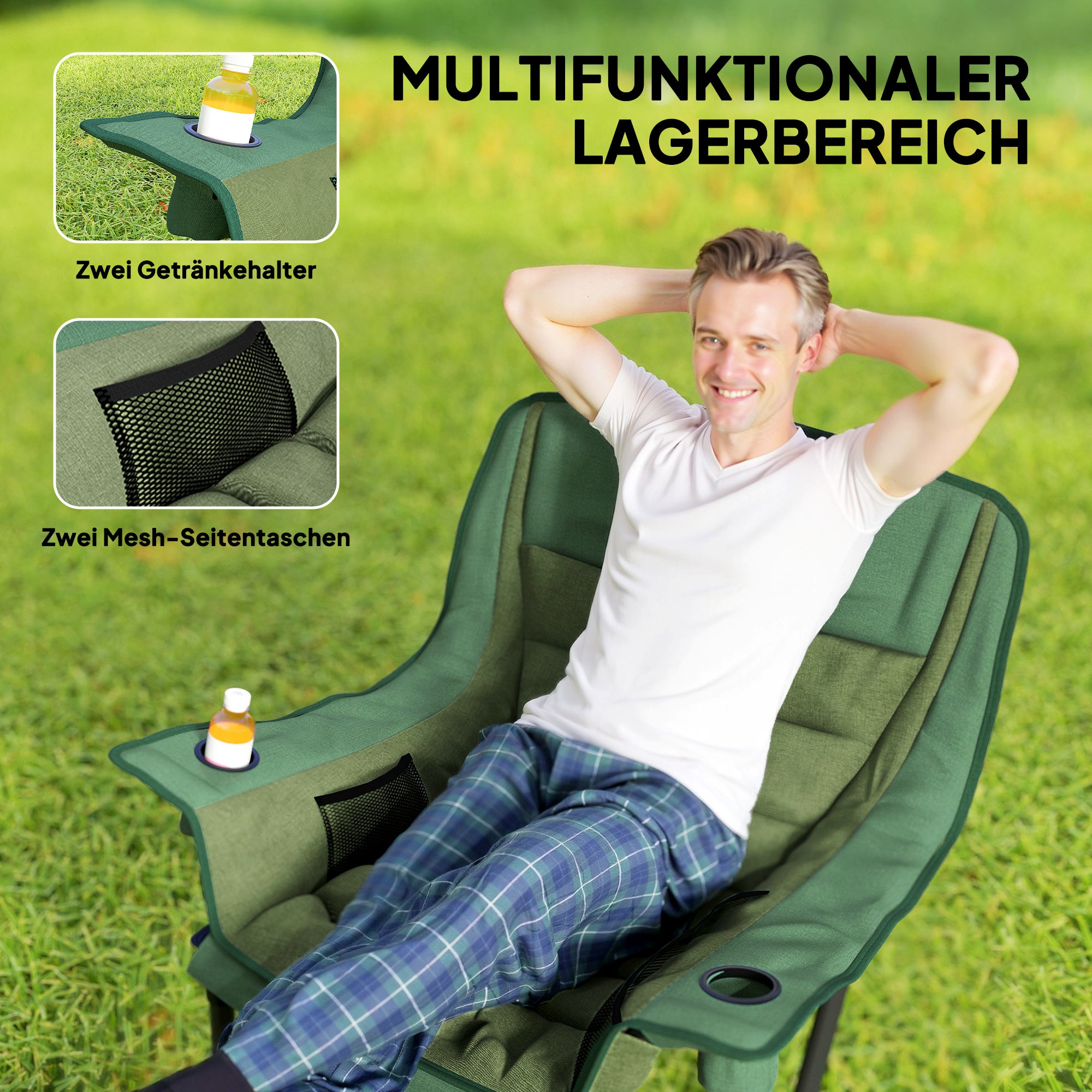 Outsunny Klappstuhl, Gepolsterter Angelstuhl, Metallrahmen, Becherhalter, Olivgrün