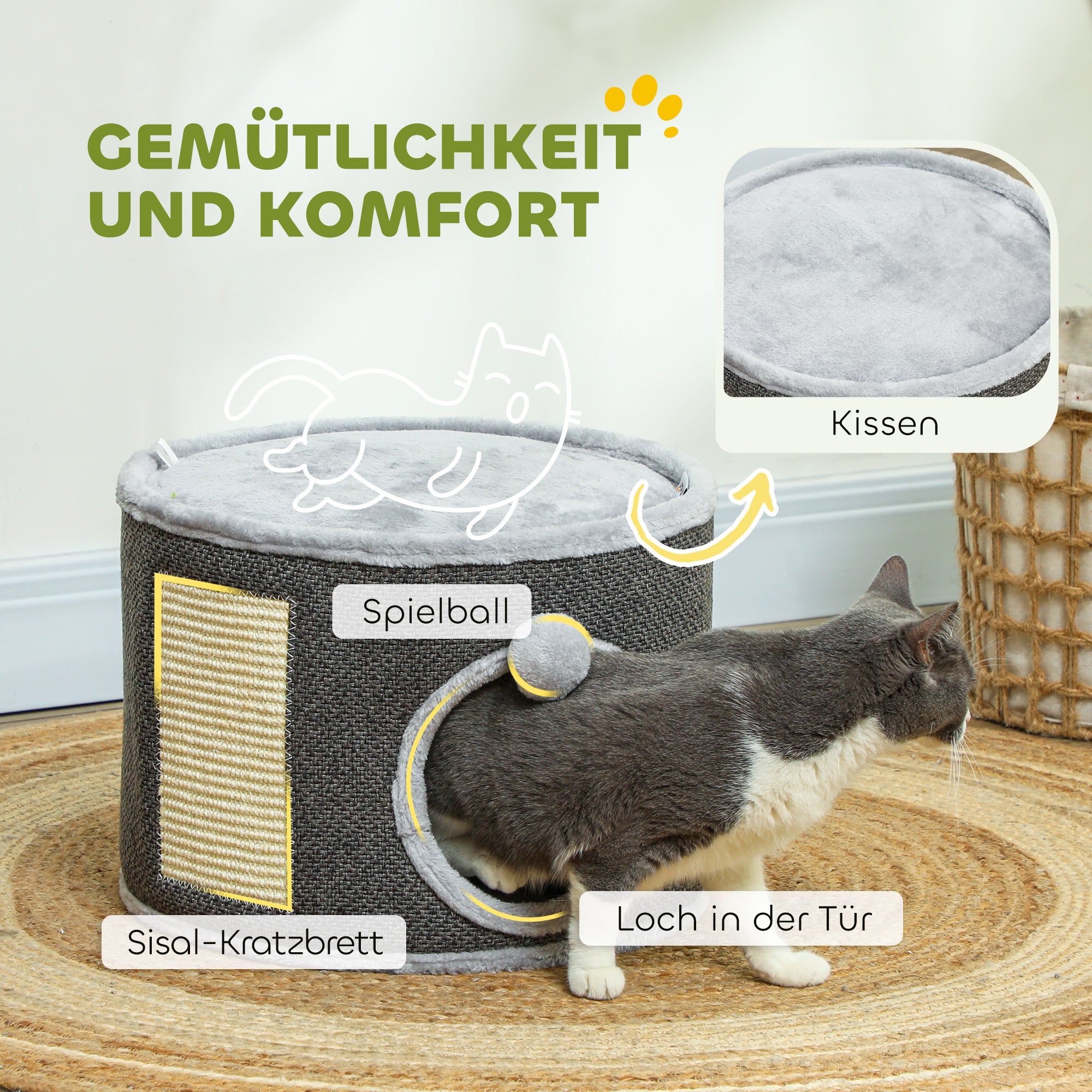 PawHut Katzenhöhle, 2 Etagen, Katzenhaus, Plüsch, Kissen, Sisal-Kratzbrett, Φ40 x 30H cm, Dunkelgrau