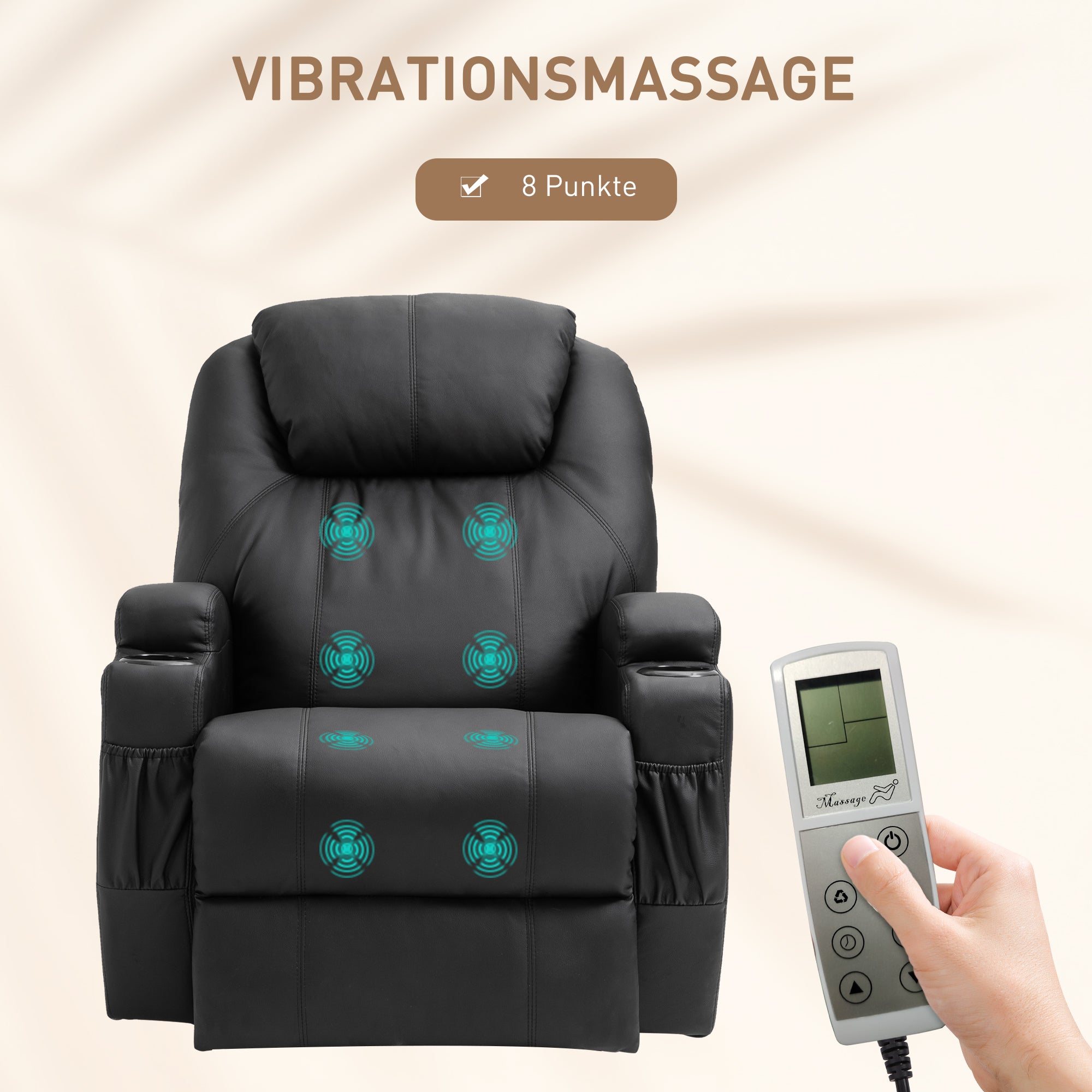 HOMCOM Massagesessel Elektrisch Relaxsessel Fernsehsessel Massagefunktion Liegefunktion TV-Sessel mit 2 Seitentaschen und Getränkehalter Kunstleder Schwarz 82 x 97 x 110 cm