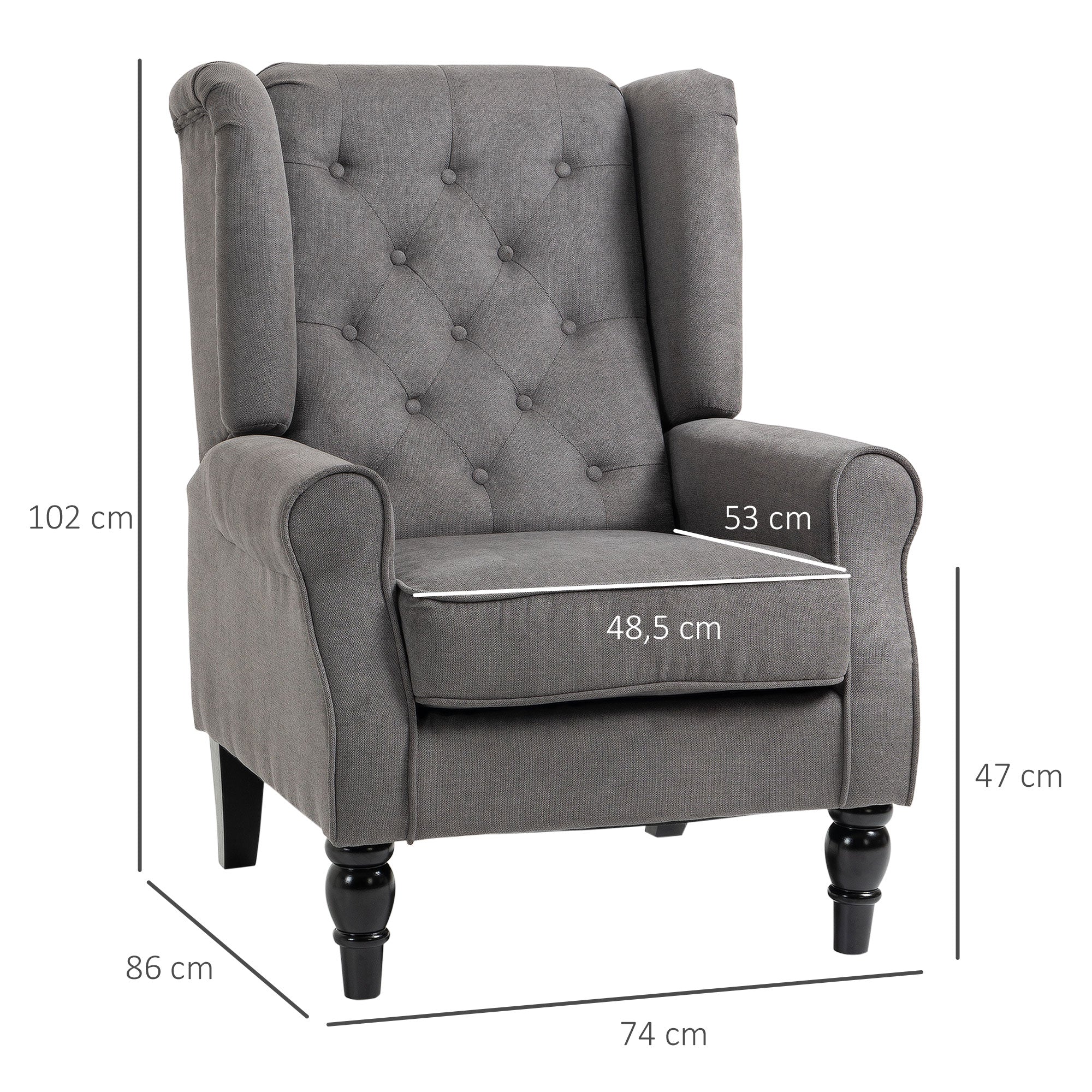 HOMCOM Ohrensessel im Vintage-Design, Lesesessel, Akzentsessel, Holzbeine, Knopfheftung, Grau + Schwarz