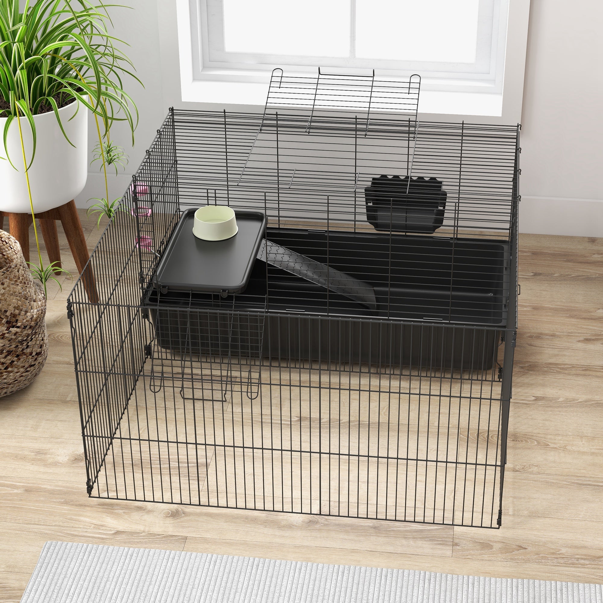 PawHut Kleintierkäfig mit abnehmbaren Gehege, Laufgitter mit Stall, inkl. Zubehör, Schwarz