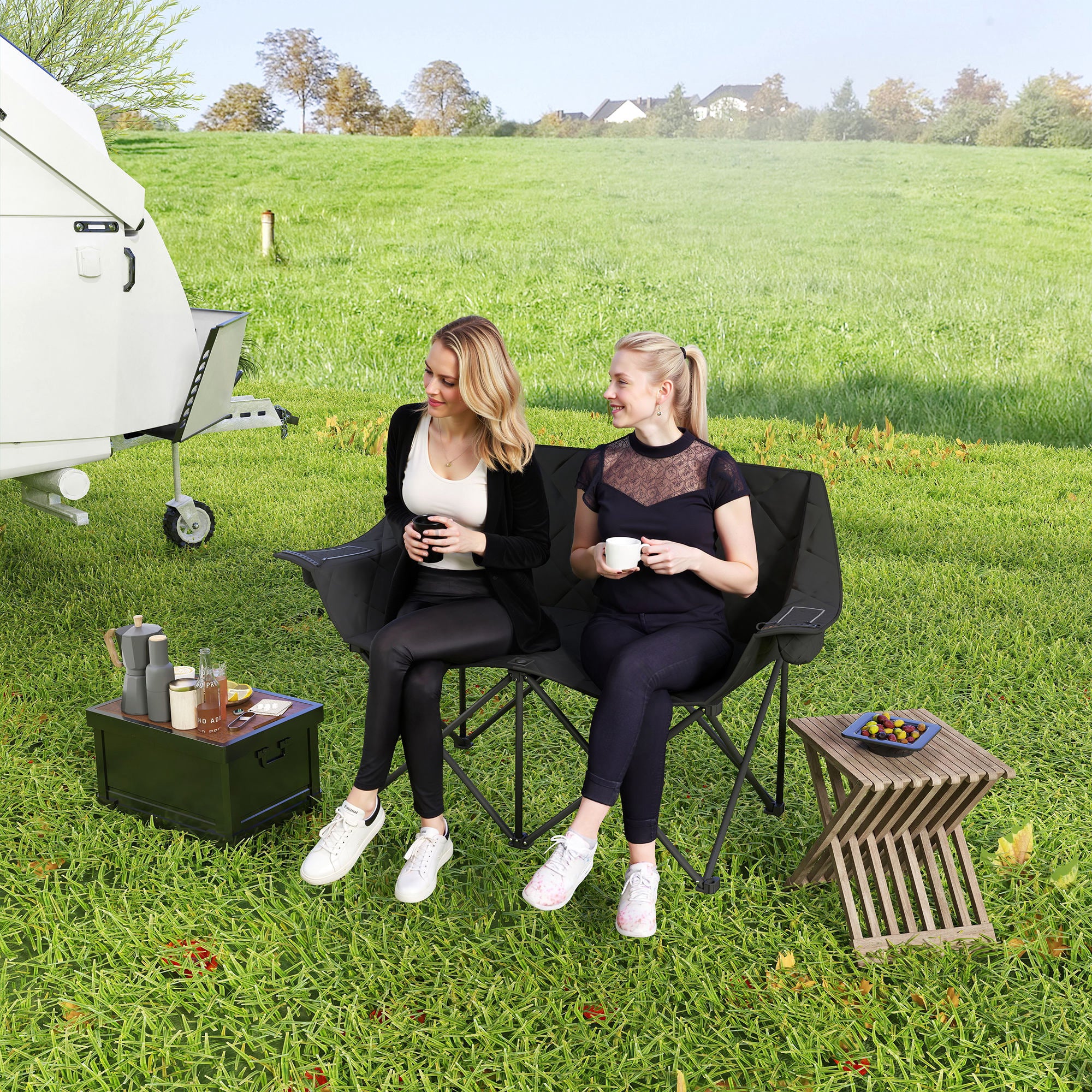 Outsunny Faltstuhl faltbar 2 Sitzer Campingstuhl mit Tragetasche Outdoor bis 250kg belastbar 145 x 60 x 92 cm Schwarz