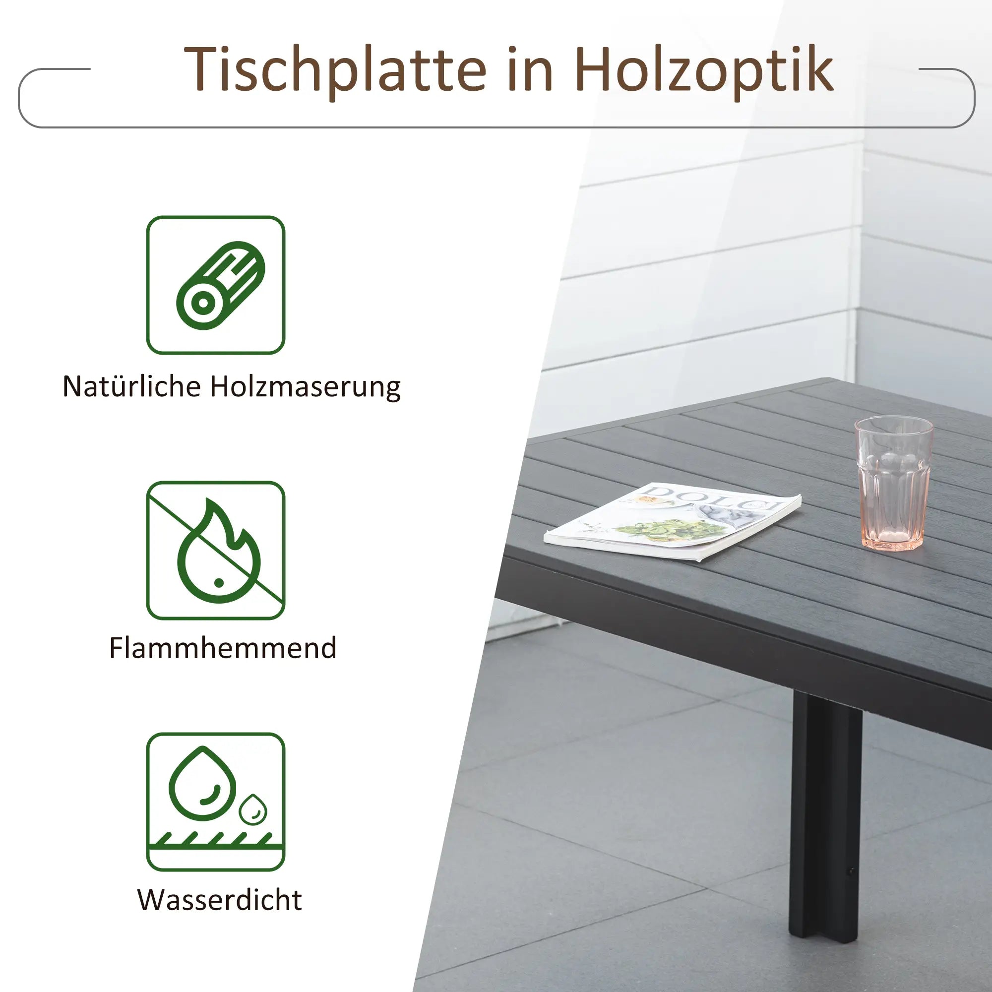 Outsunny Gartentisch Kunststoff 190 x 84,5 x 72 cm Wetterfest, Holz Optik, Holzstrukur, rutschfest Buffettisch Campingtisch Balkontisch Terrassentisch Outdoor Esstisch für Garten, Balkon Schwarz