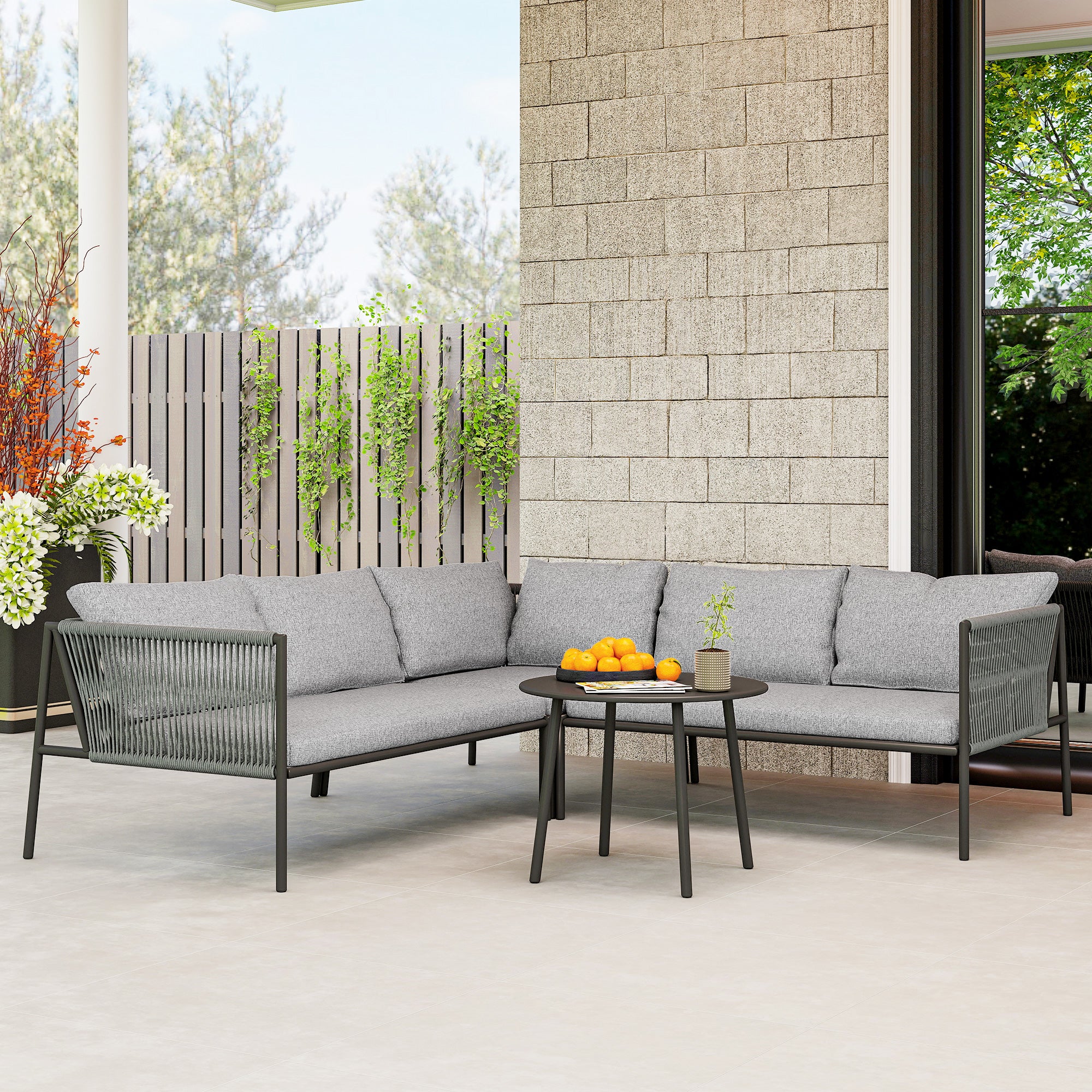 Outsunny Gartenmöbel Set Polyrattan Lounge-Set mit Ecksofa Tisch Kissen für 6 Personen Dunkelgrau