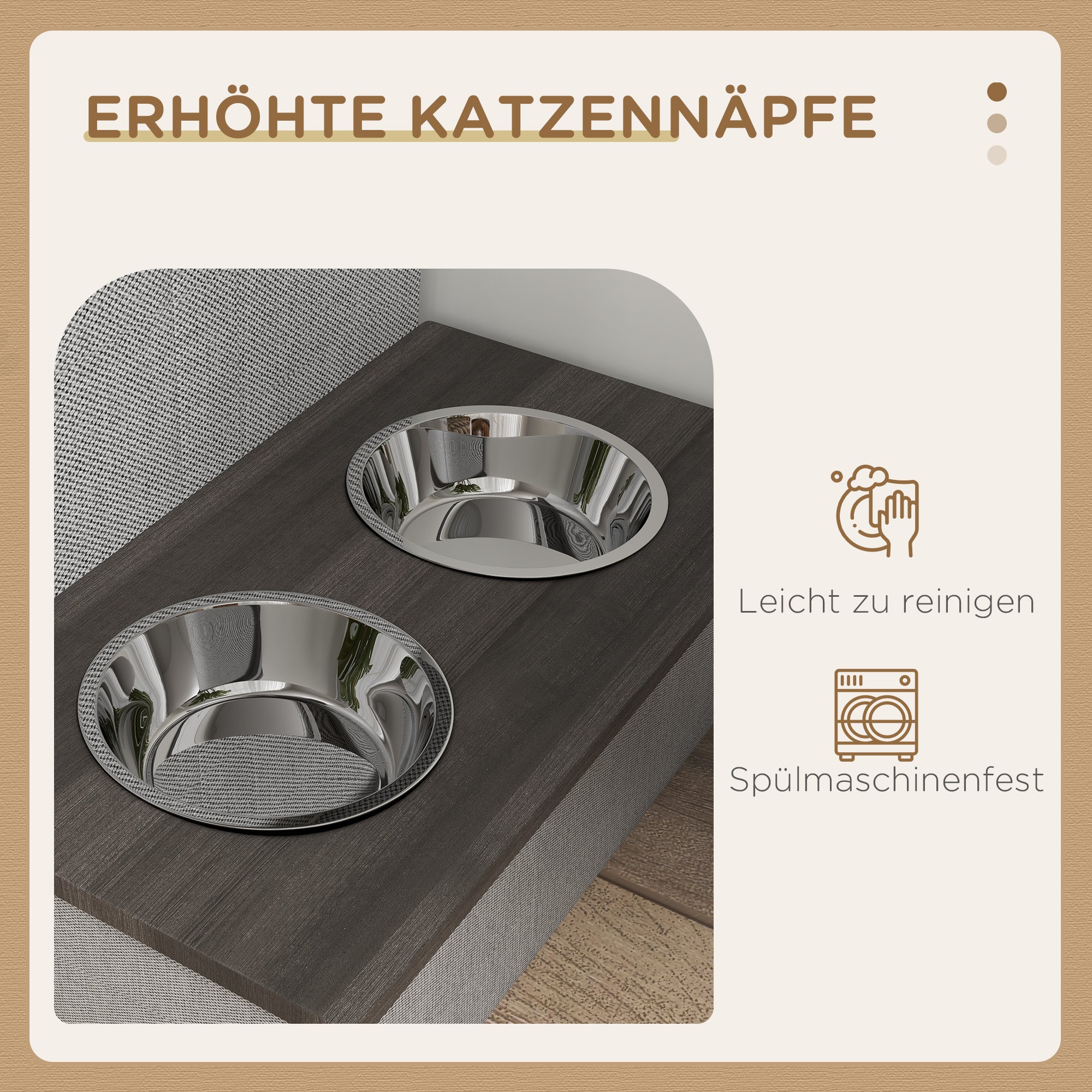 PawHut Katzenhaus, Futterplatz mit 2 Edelstahlnäpfen, Kratzmatte, weiches Liegekissen, 78 x 48 x 49,5 cm, grau