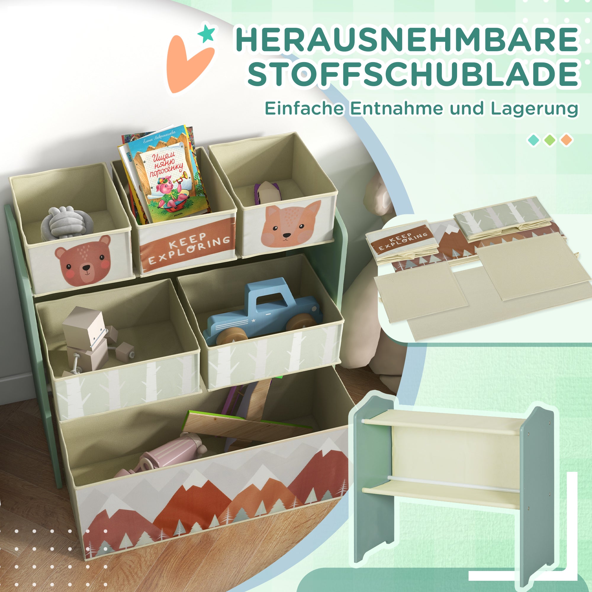 ZONEKIZ Kinderschrank mit 6 Stoffboxen, niedliches Motiv, 63x30x66 cm, Grün
