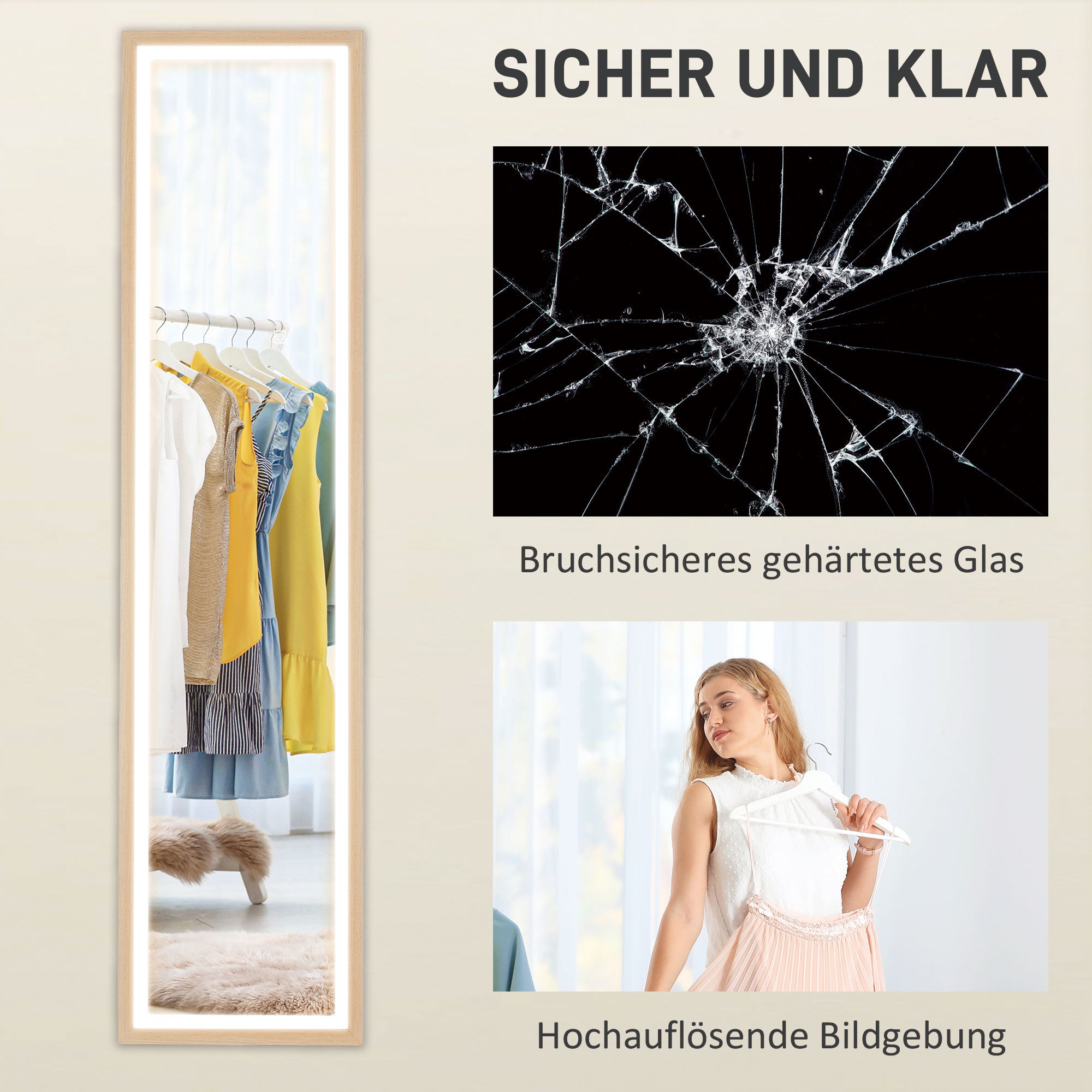 HOMCOM LED Ganzkörperspiegel, 40 x 160 cm, Touch-Steuerung, dimmbar, 3 Farben,  Eiche