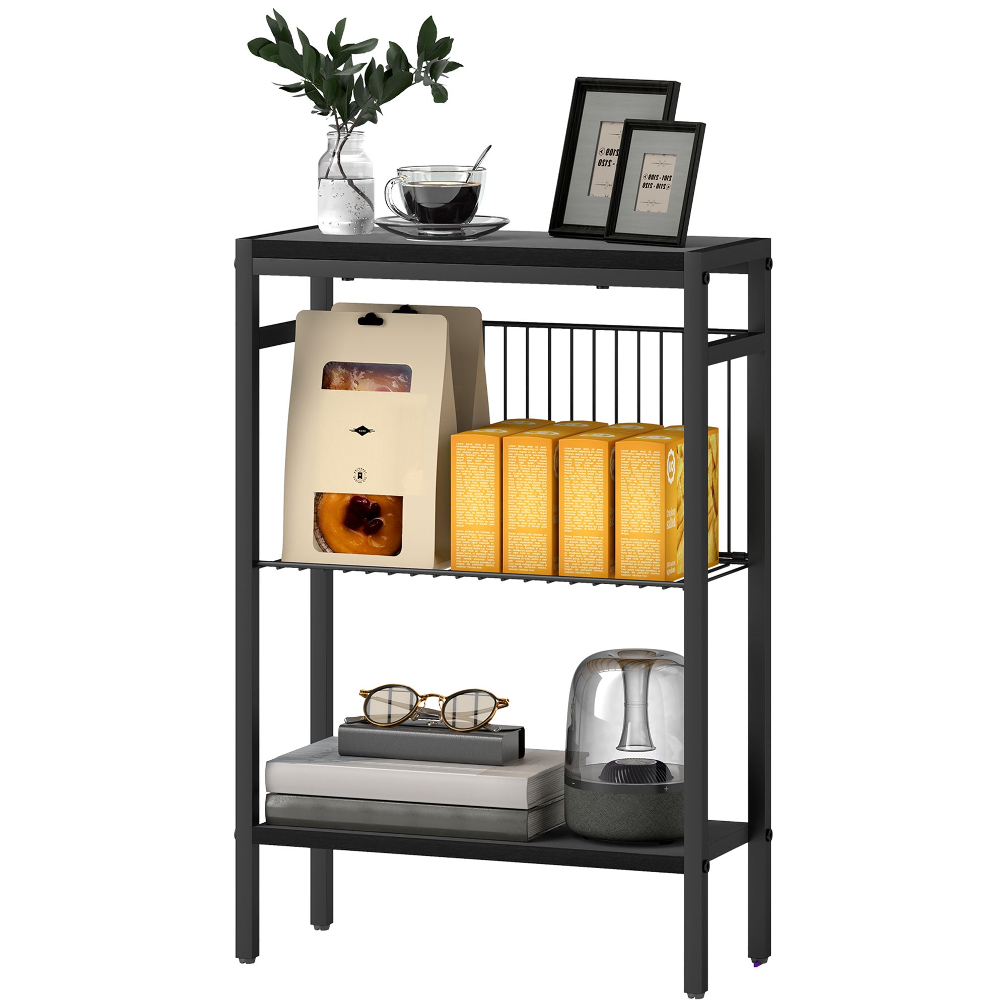 HOMCOM Beistelltisch, 3-stufiges Design, Regale in Holzoptik, Stahlrahmen, Schwarz
