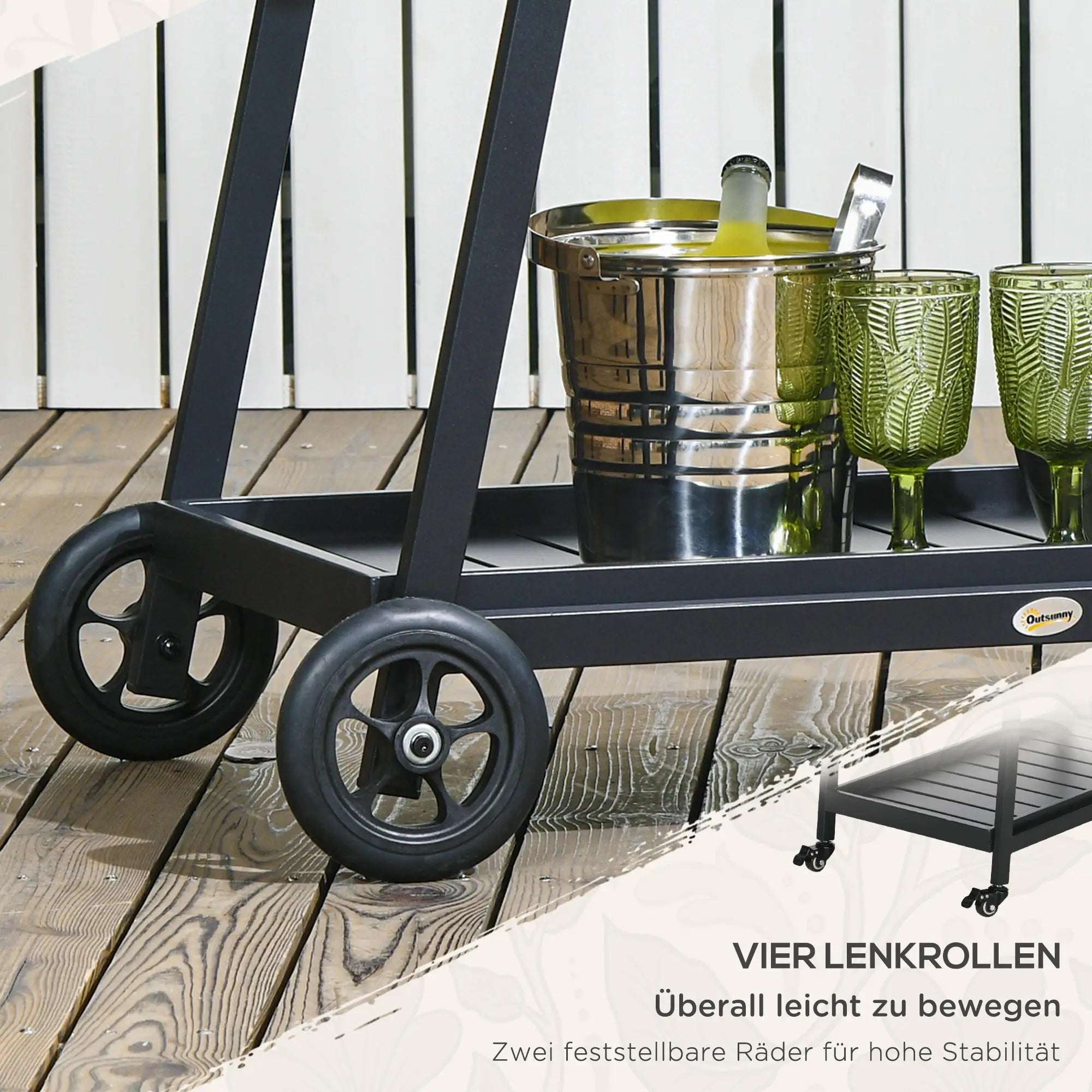 Outsunny Servierwagen Rattan mit Rollen 2 Etagen Griffe