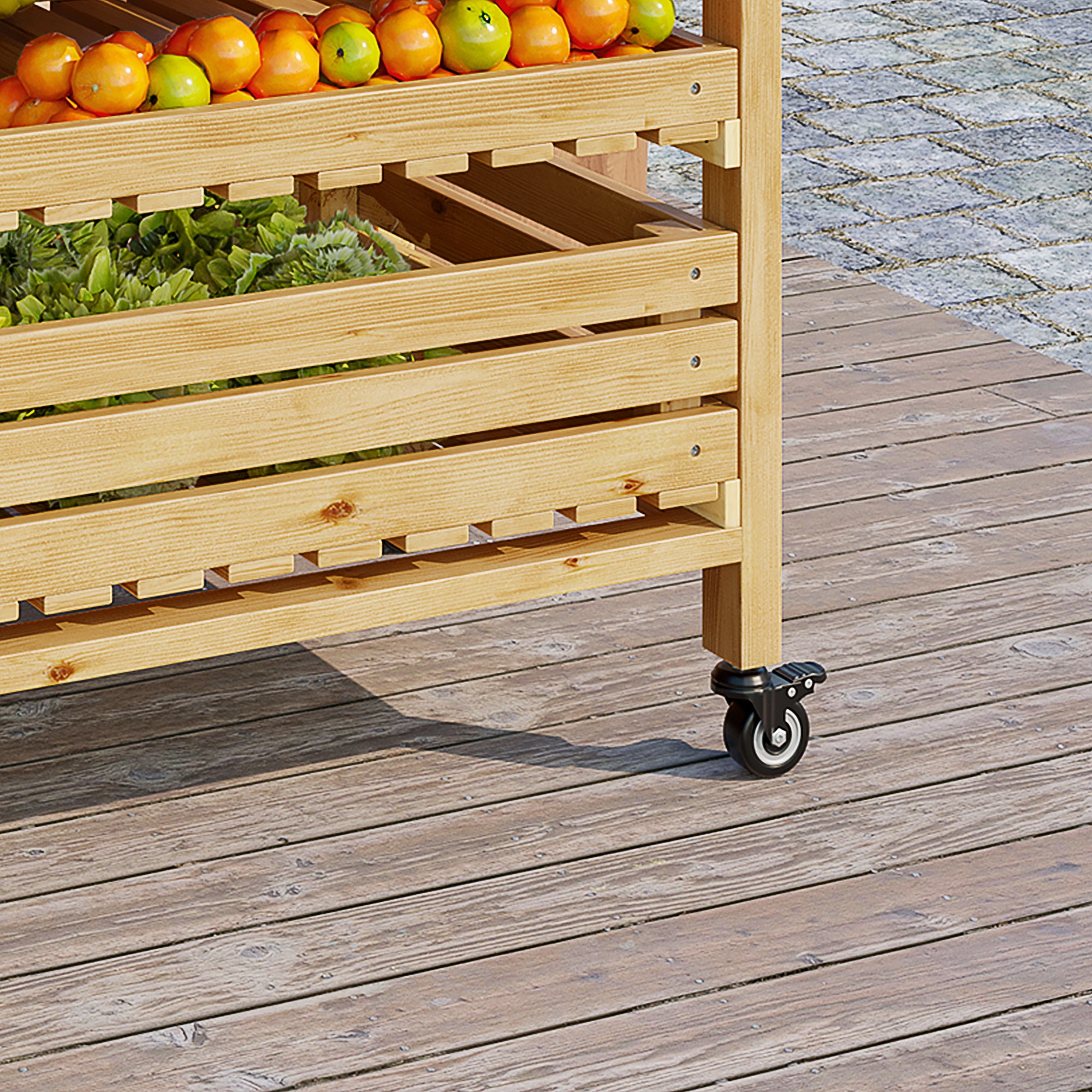 Outsunny Gemüsehorde mit 5 Regalen, Obstkiste, Gemüsekiste, wetterbeständig, 4 Rollen, 73 cm x 45 cm x 91 cm, Natur