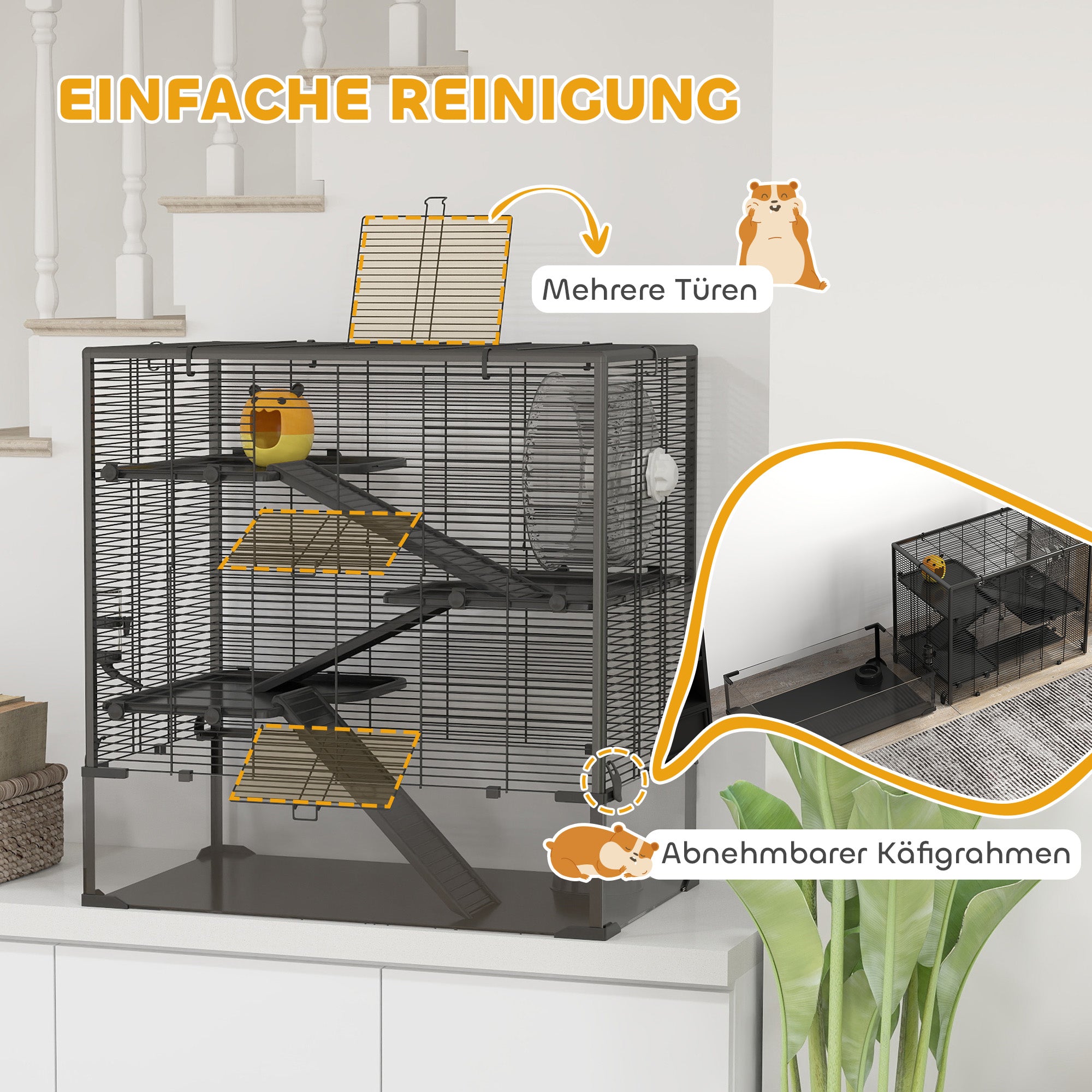 PawHut Hamsterkäfig mit Glasboden, 4-stufiges Hamstergehege mit Hütte und Zubehör, 78,5L x 48,5B x 80H cm, Schwarz