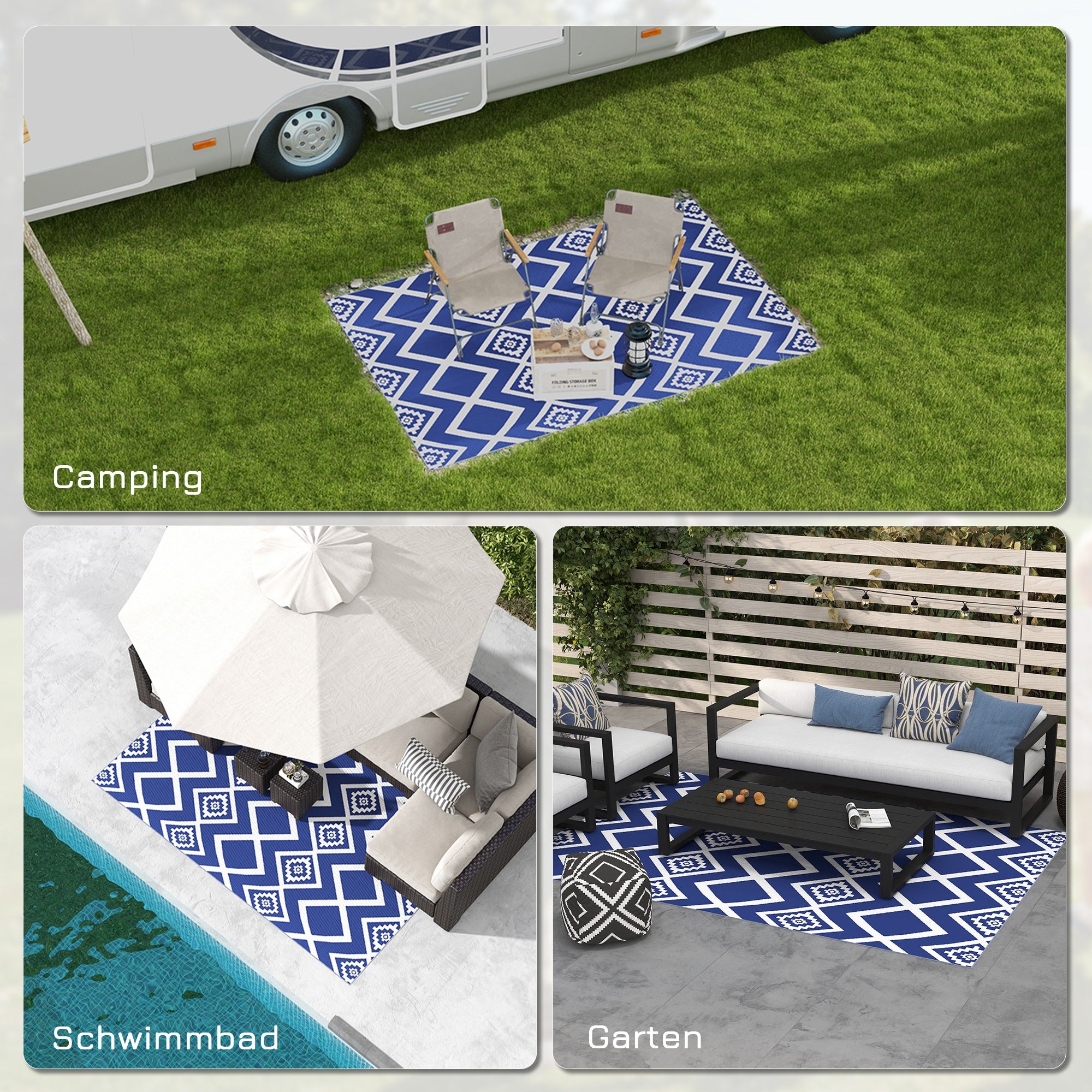 Outsunny Outdoorteppich Terrassenteppich, wetterbeständig, modernes Design, 182 cm x 274 cm x 0,3 cm, Blau + Weiß