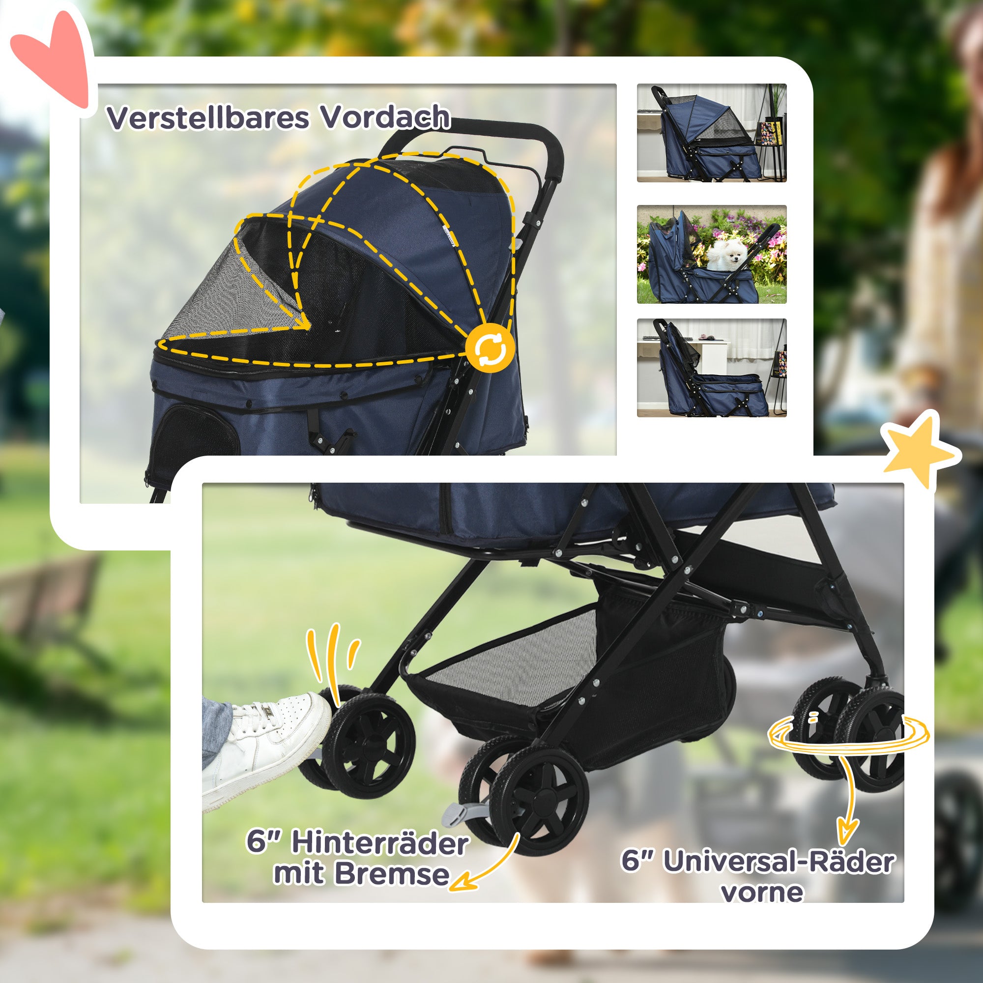 PawHut Hundewagen Hundebuggy bis 10kg verstellbares Vordach klappbar Bodenkorb 2 Bremsen Sicherheitsleine Blau