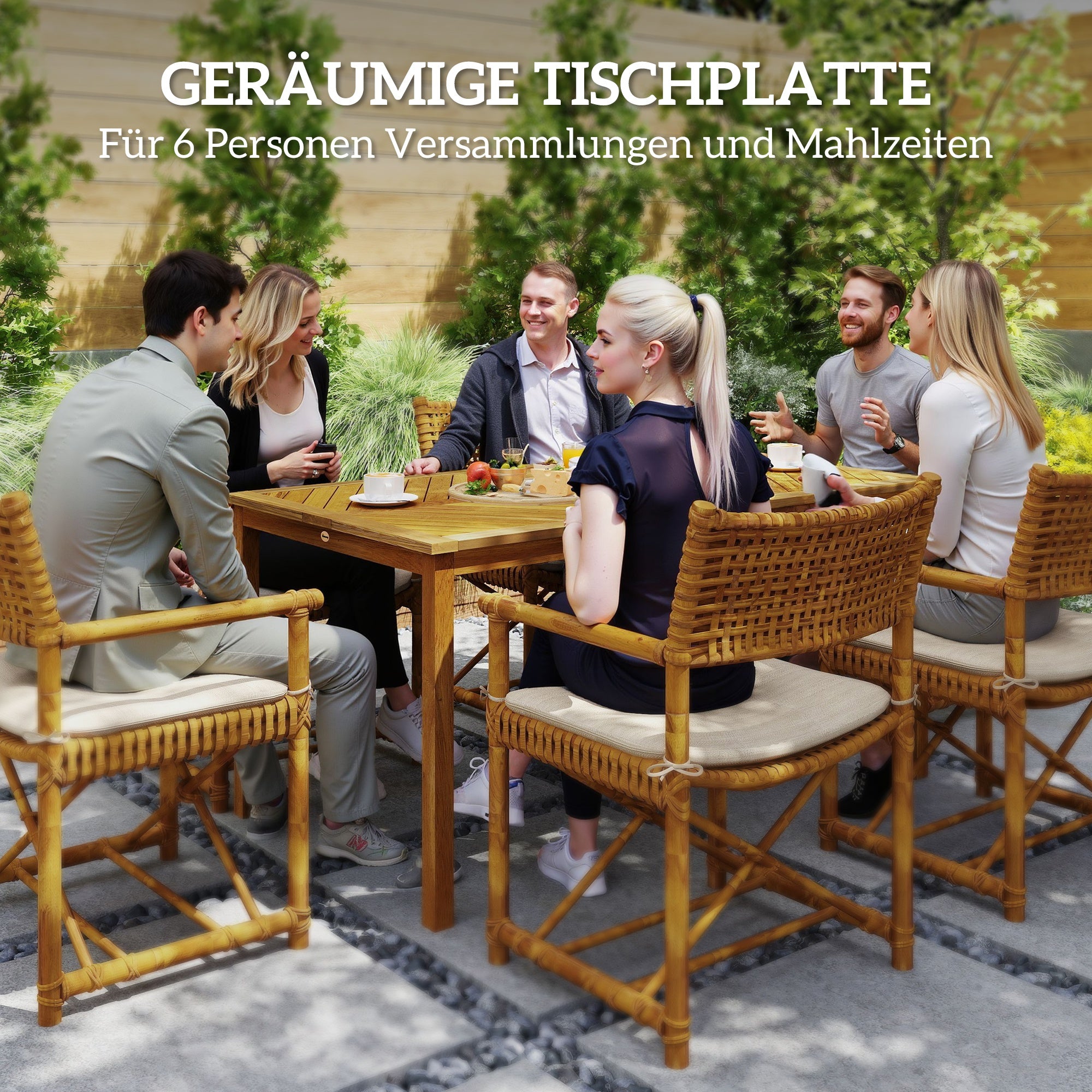 Outsunny Gartentisch 150x85cm, Wetterfest Balkontisch aus Holz, 6 Personen mit Schirmloch, Lamellendesign Naturholz