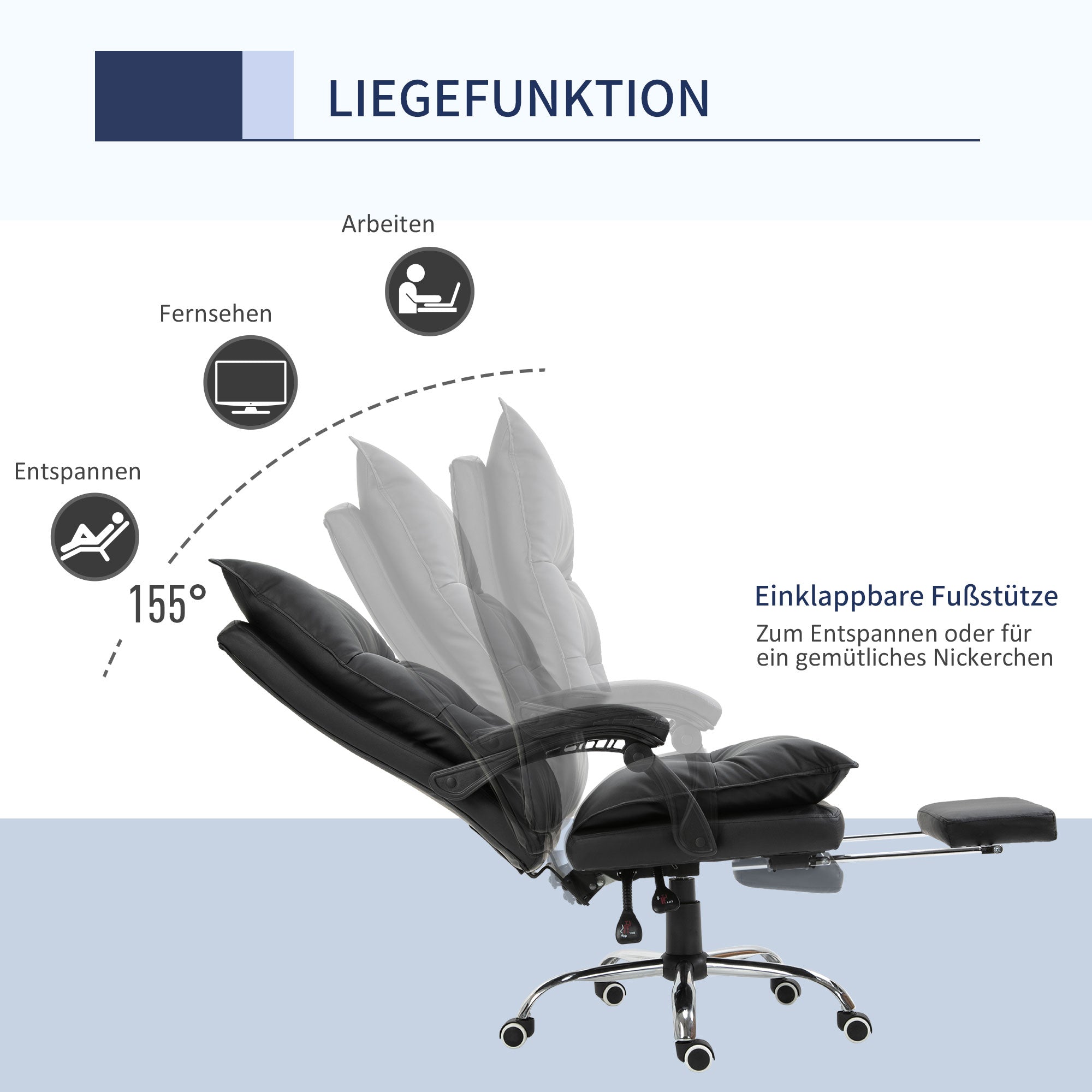 Vinsetto Bürostuhl mit Liegefunktion, ergonomisch Schreibtischstuhl, höhenverstellbar Drehstuhl mit Fußstütze, gepolstert, bis 135 kg belastbar, für Büro, Arbeitszimmer, Schwarz
