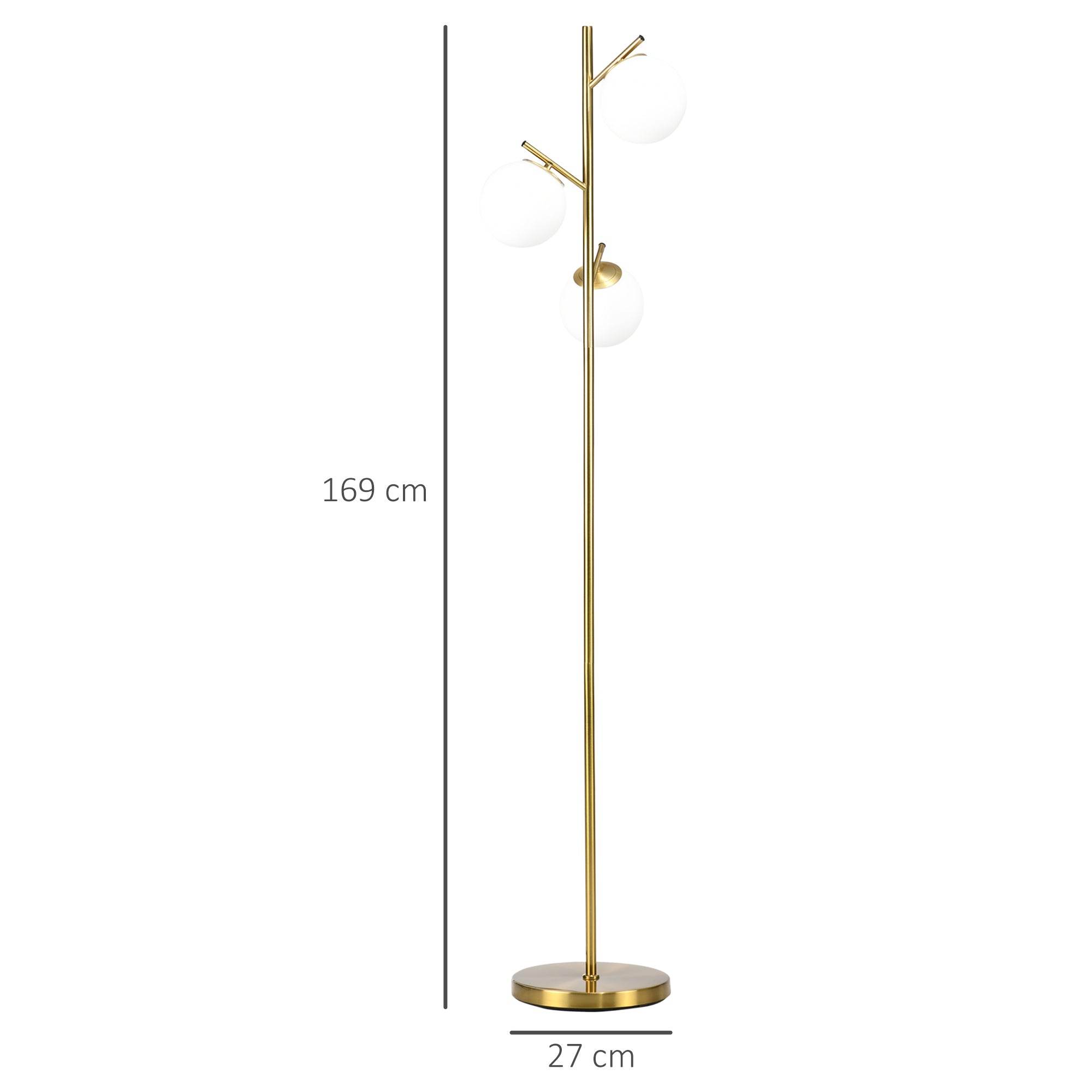 HOMCOM Stehleuchte im Retro-Design, Stehlampe, Stehlampe mit 3 Lampenschirmen, Glas, Gold