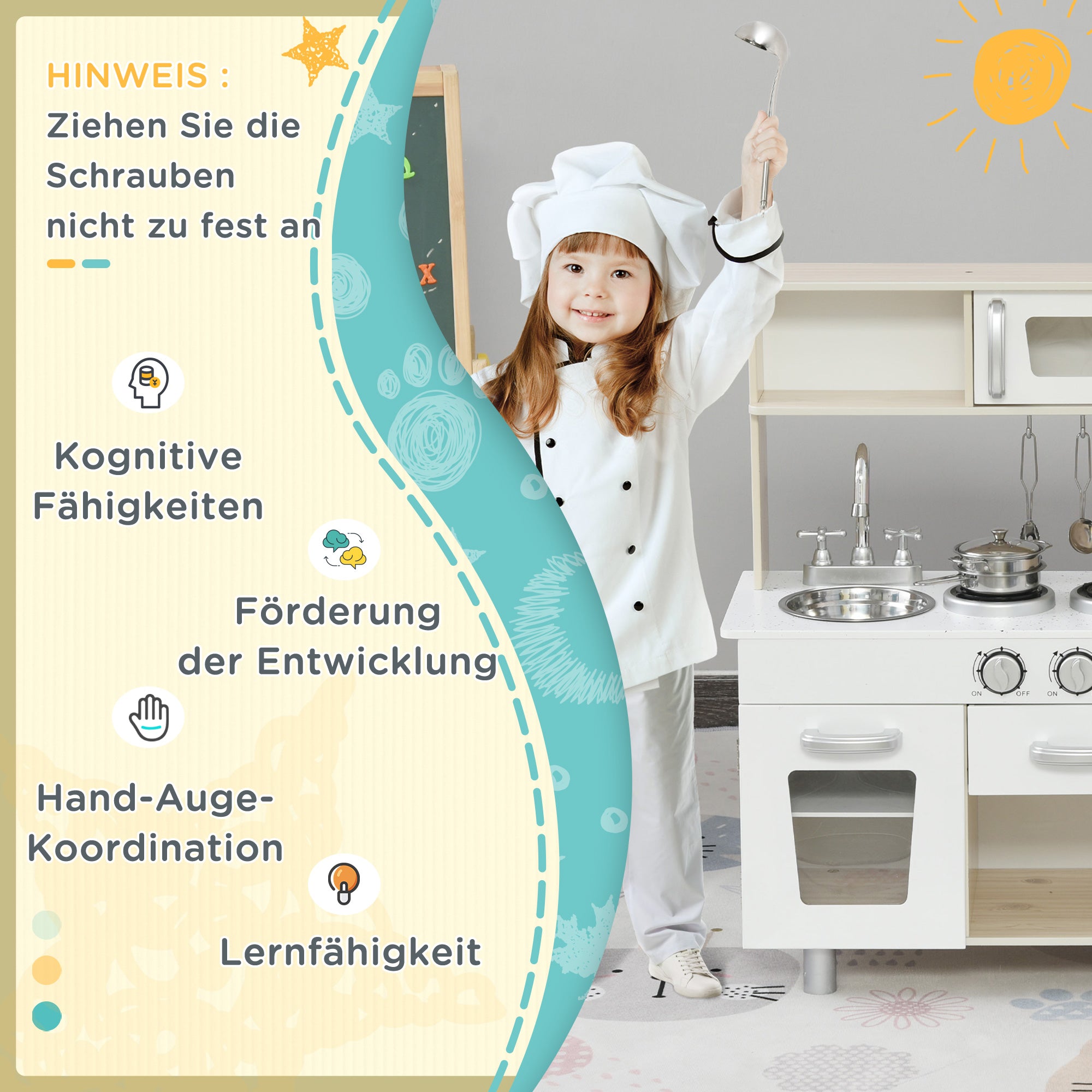 HOMCOM Kinderküche mit Zubehör, Traumküche, Spielküche, Spielzeugküche für Kinder ab 3 Jahren, Kiefer, MDF, Weiß, 74 x 30 x 81 cm