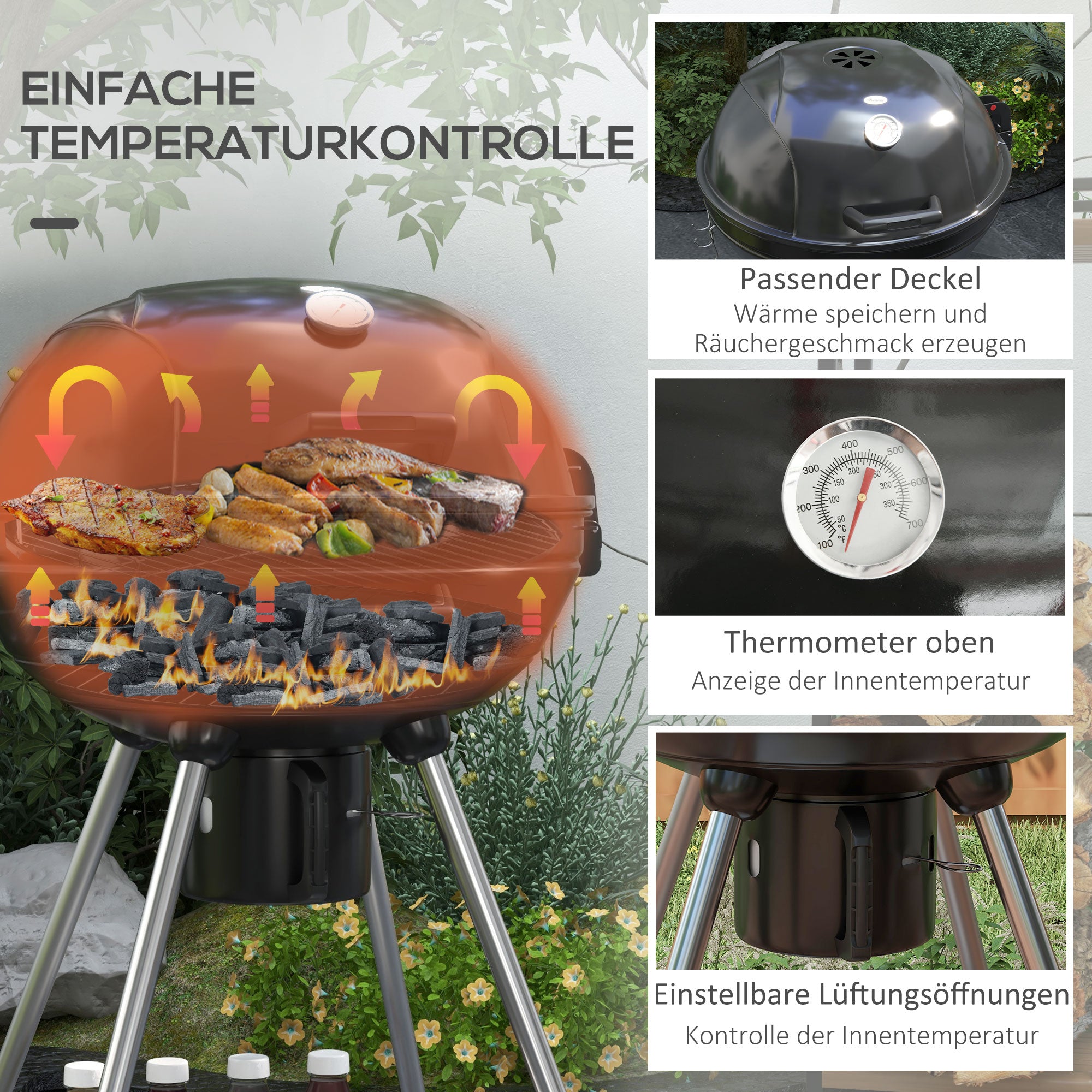 Outsunny Kugelgrill, Ø54 cm Grillrost, Warmhalterost, Ablage, Aschefach, Thermometer, 55 x 65 x 89 cm, Schwarz