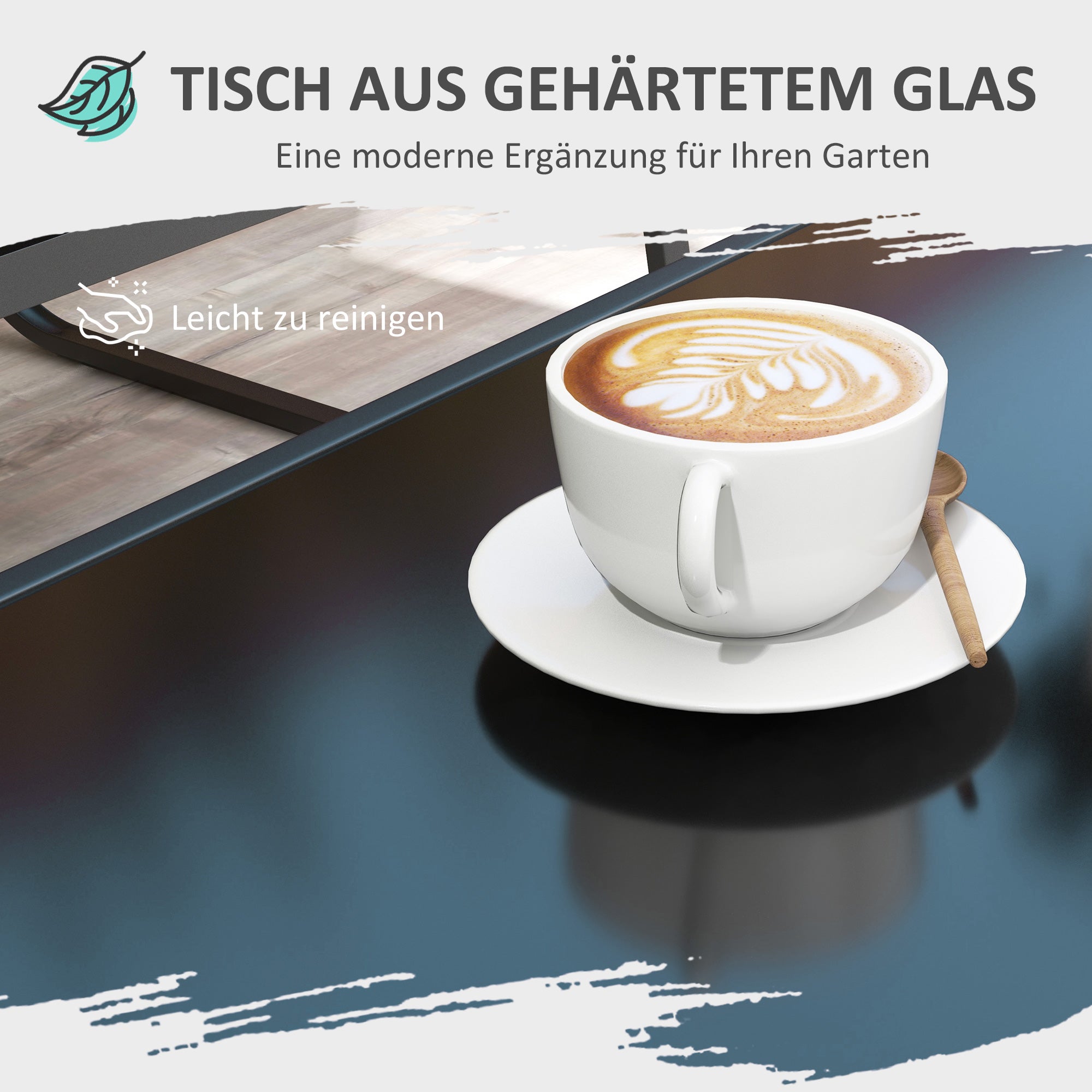 Outsunny 4-teilige Gartengarnitur, 2 Sessel, 2-Sitzer-Sofa, Tisch mit Glasplatte, atmungsaktiver Stoff, Metallrahmen, Schwarz