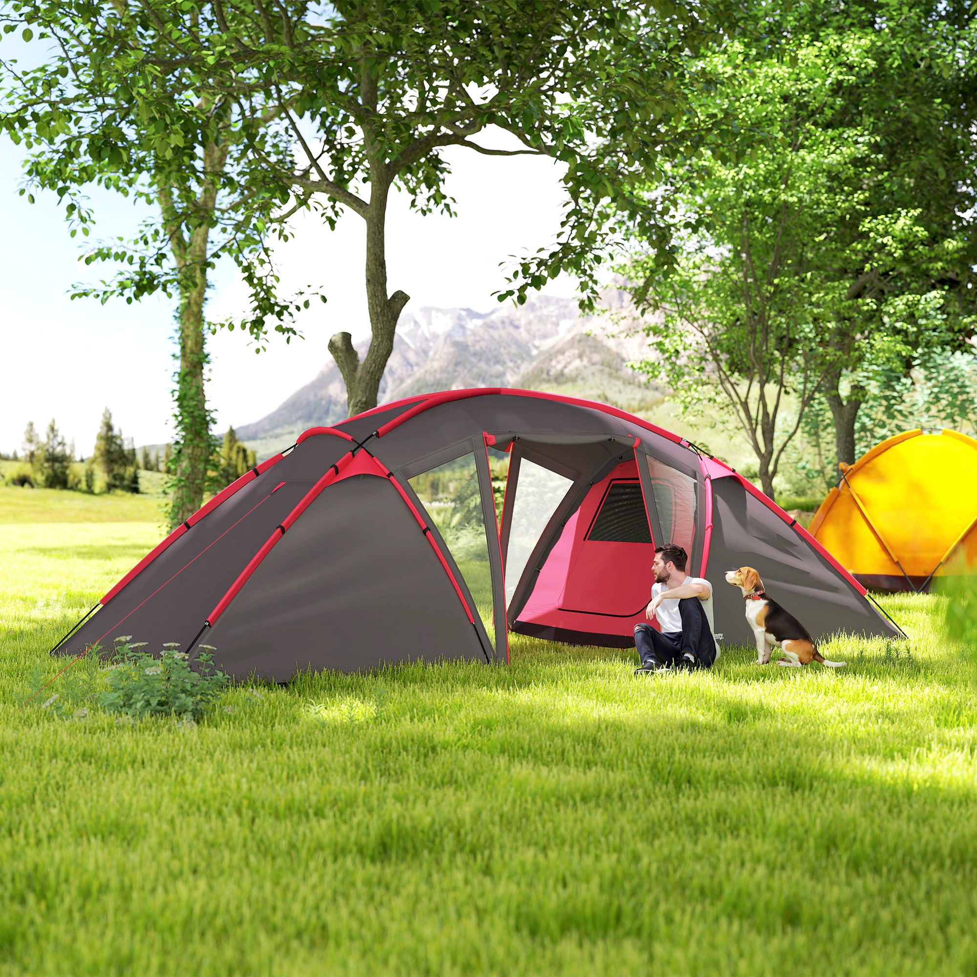 Outsunny Tunnelzelt, Campingzelt für 4-6 Personen, mit 3 Räumen, Lichthaken Doppeltüren Grau