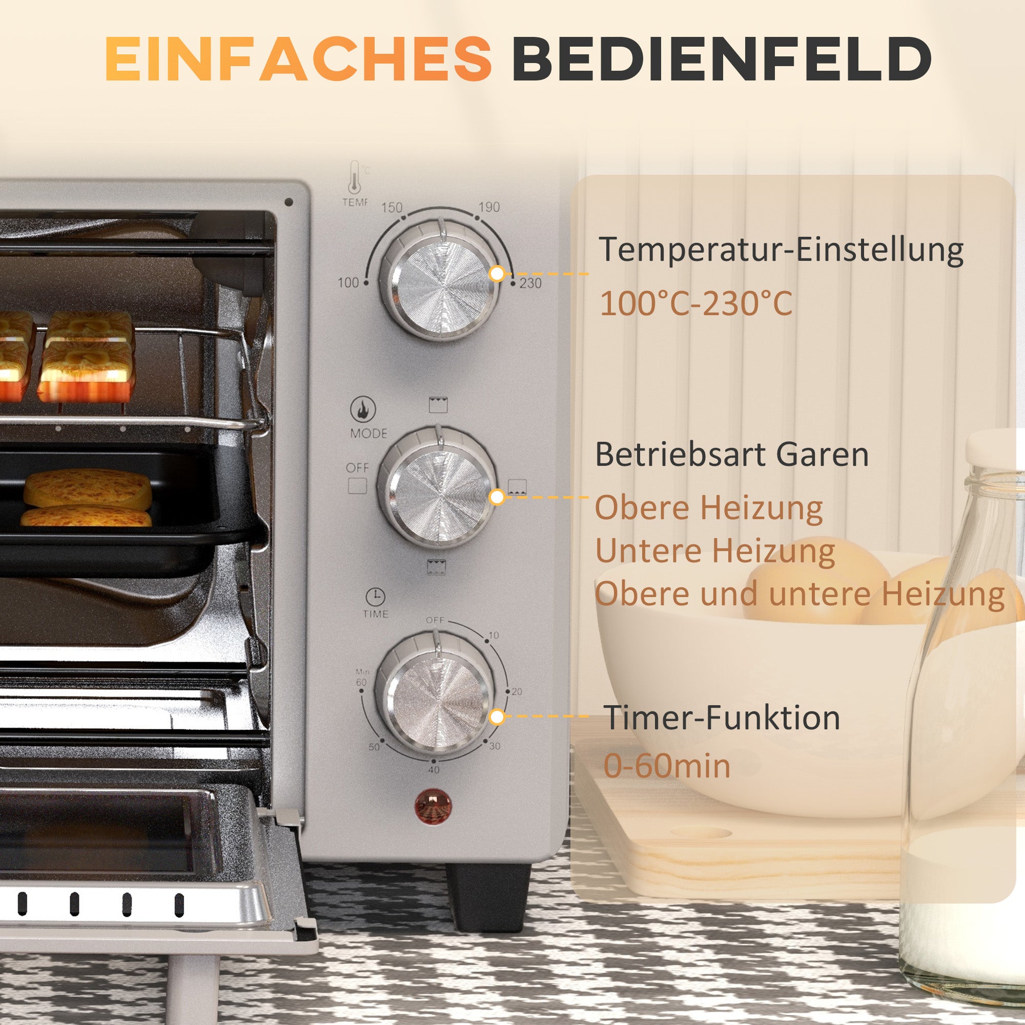 HOMCOM Minibackofen, 21 L Toasterofen mit 1 Drahtgestell und 1 Backblech, 3 Kochmodi, 100 °C-230 °C, Edelstahl, Glas, Silber